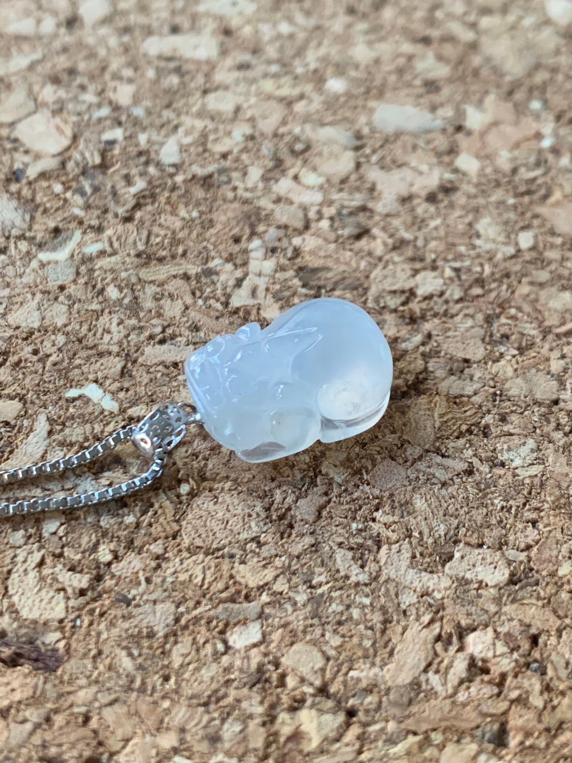 Natural Burmese Premium Icy Highly Translucent & Gelatinous White Jadeite Pixiu Pendant 18K White Gold Bail 天然缅甸起冰起光白冰翡翠貔貅吊坠
