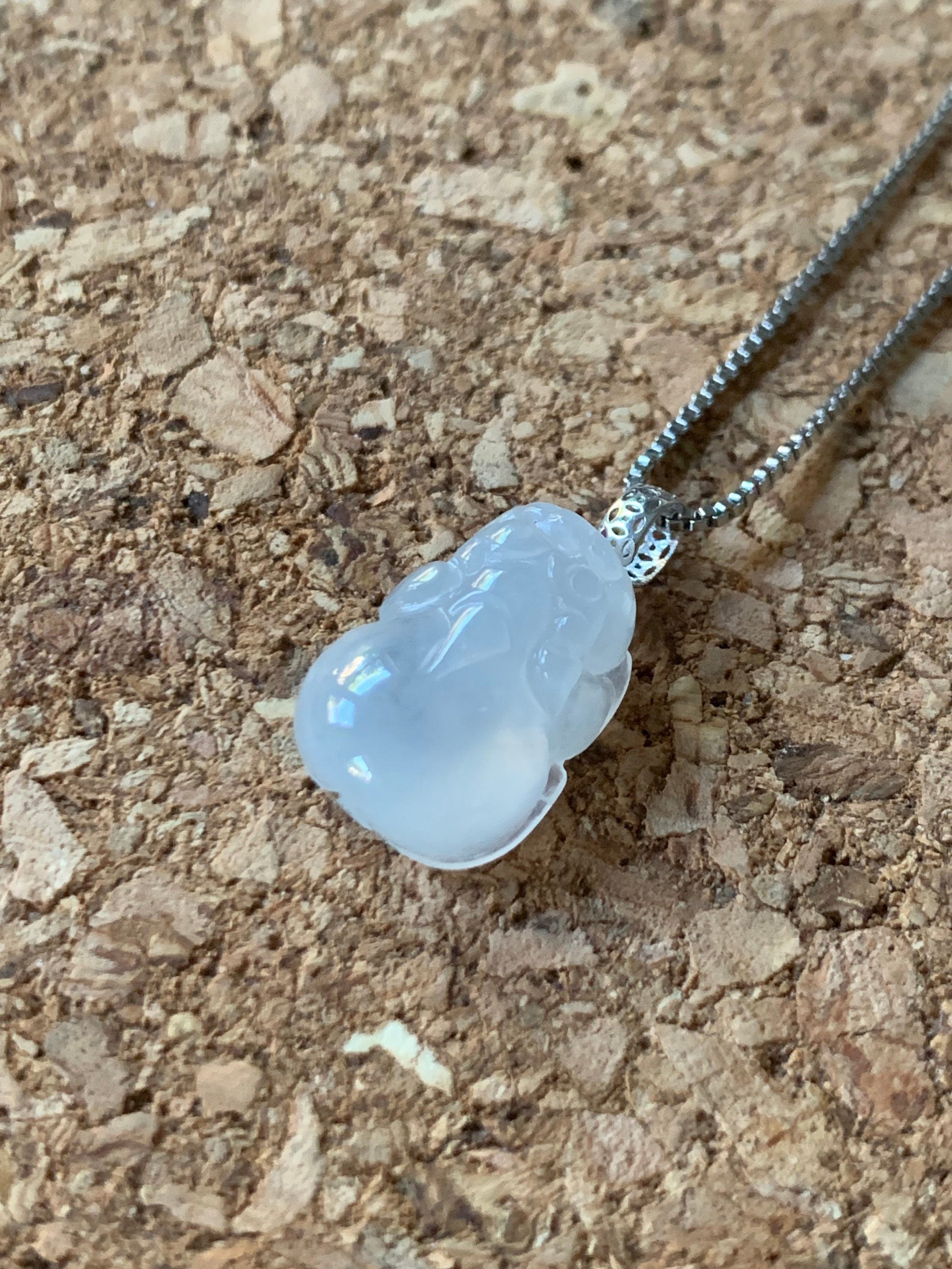 Natural Burmese Premium Icy Highly Translucent & Gelatinous White Jadeite Pixiu Pendant 18K White Gold Bail 天然缅甸起冰起光白冰翡翠貔貅吊坠