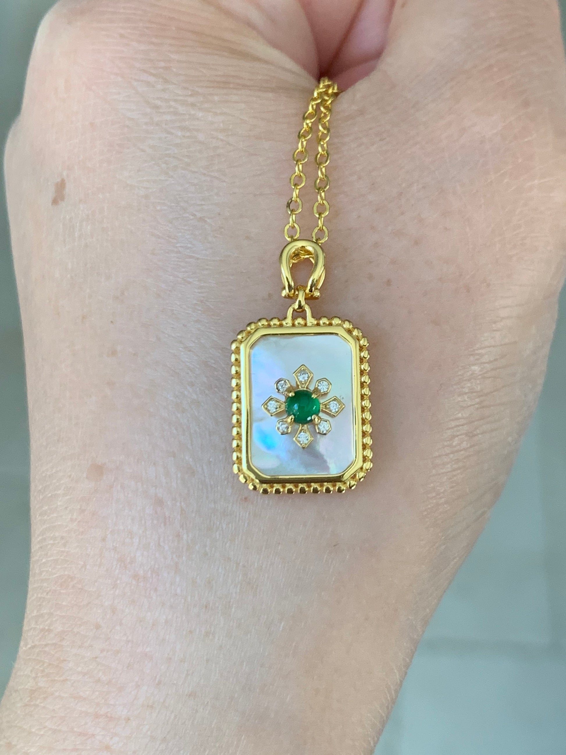 Natural Guatemalan Premium Vibrant Green Jadeite Mother of Pearl Pendant S925 Silver w/ Chain 17” 天然冰危绿翡翠贝母银镶吊坠
