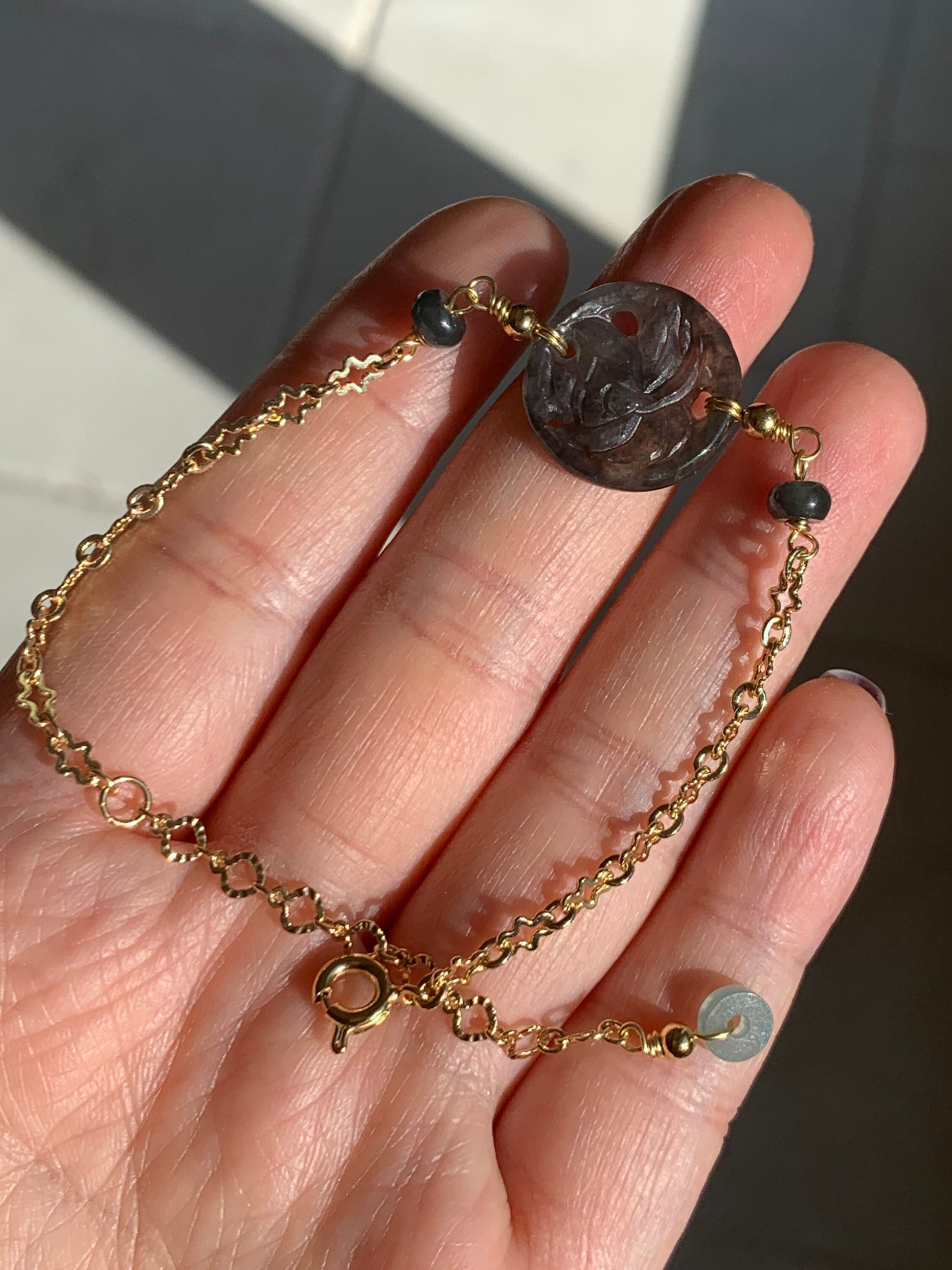 Natural Burmese Grade A Translucent Icy Wuji Jadeite Engraved w/ Lotus Flower Chain Bracelet Adjustable 14K Plated 天然缅甸冰乌鸡翡翠镂空雕莲花手链包金