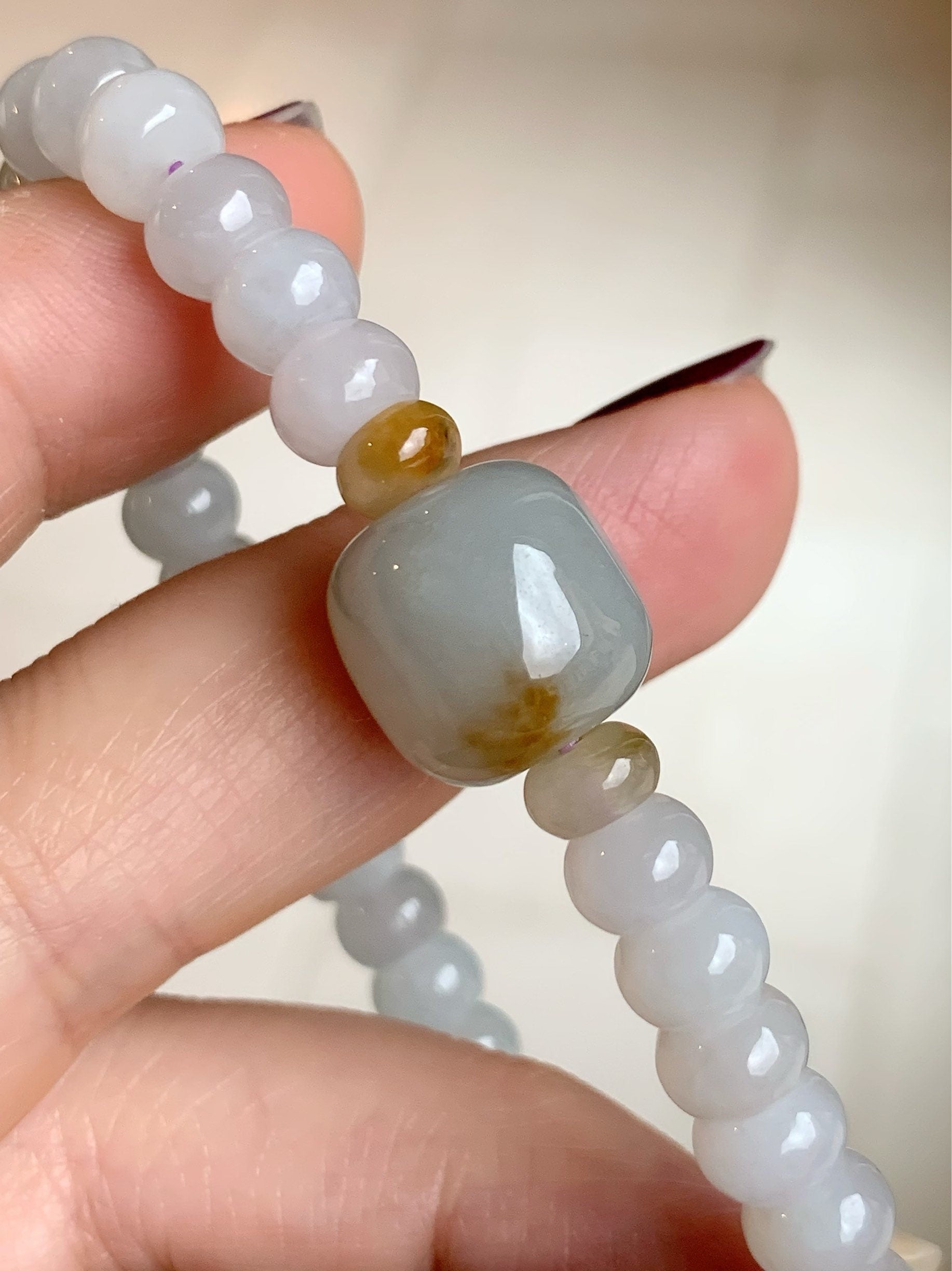 Natural Burmese Icy Translucent White Jadeite Flat Bead Large Sky Blue Jadeite Drum Bead Beaded Bracelet Stretchy 7” 天然缅甸白冰翡翠大卡算盘珠天空蓝撒金鼓珠手串