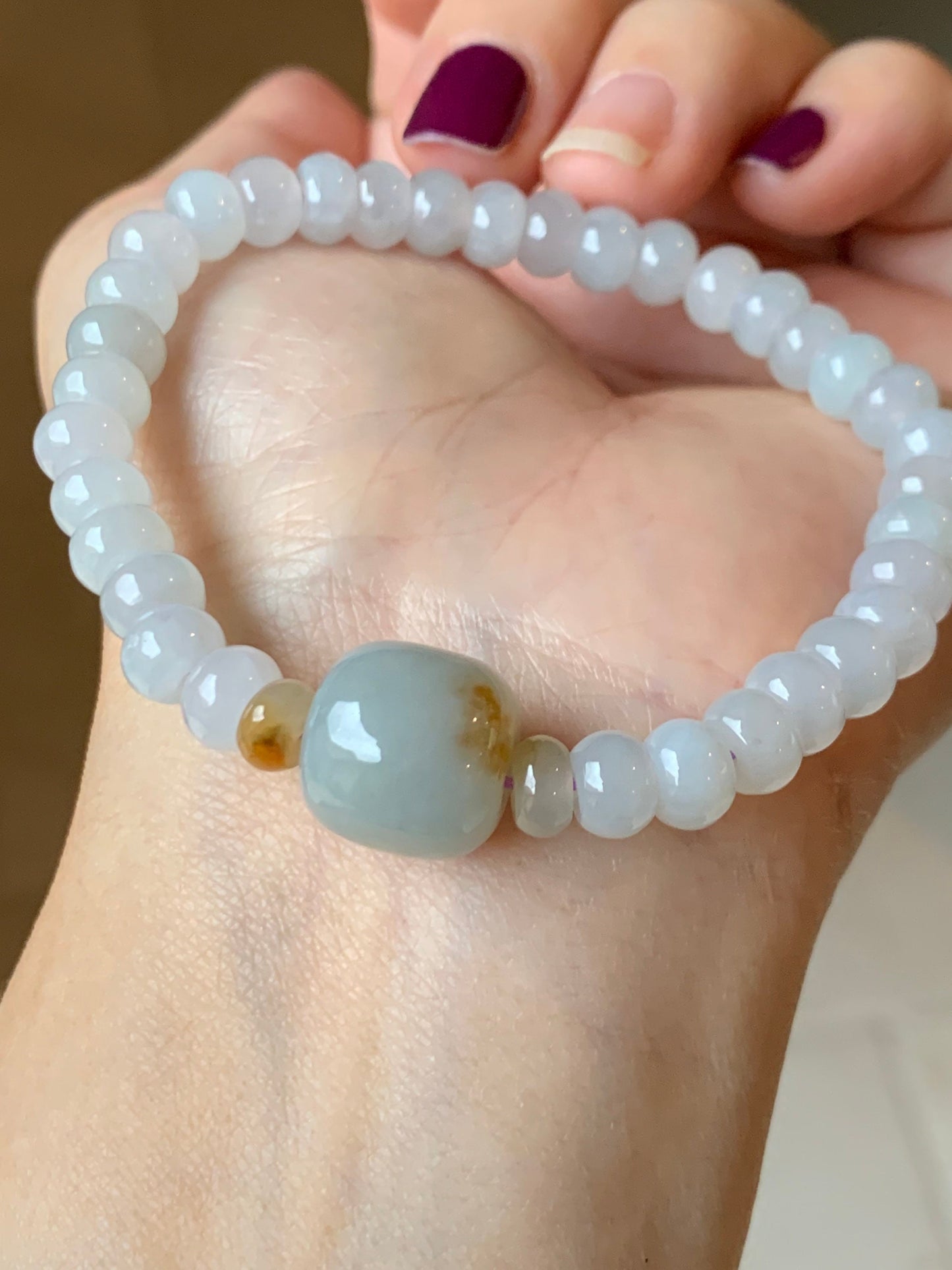 Natural Burmese Icy Translucent White Jadeite Flat Bead Large Sky Blue Jadeite Drum Bead Beaded Bracelet Stretchy 7” 天然缅甸白冰翡翠大卡算盘珠天空蓝撒金鼓珠手串