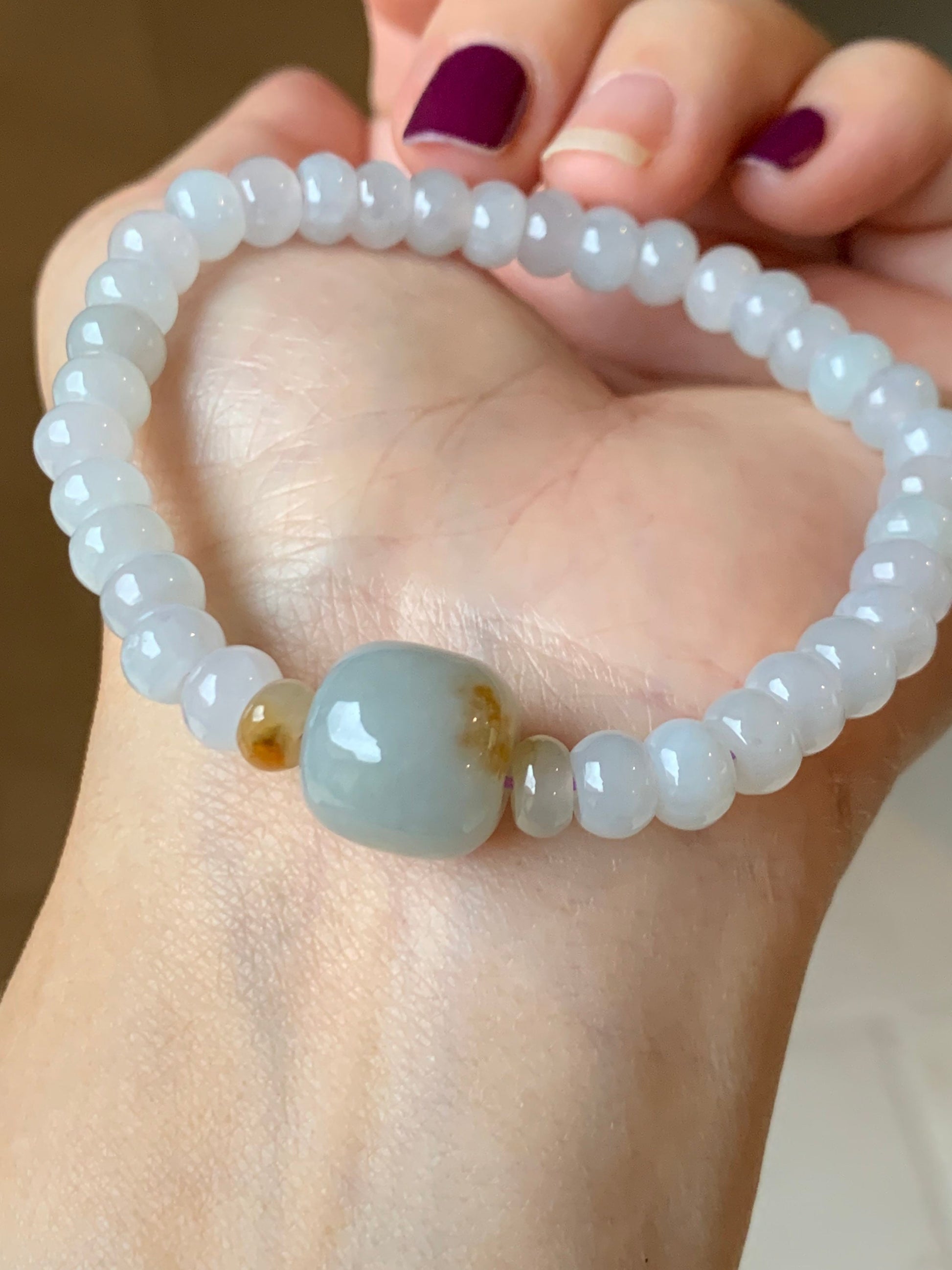 Natural Burmese Icy Translucent White Jadeite Flat Bead Large Sky Blue Jadeite Drum Bead Beaded Bracelet Stretchy 7” 天然缅甸白冰翡翠大卡算盘珠天空蓝撒金鼓珠手串