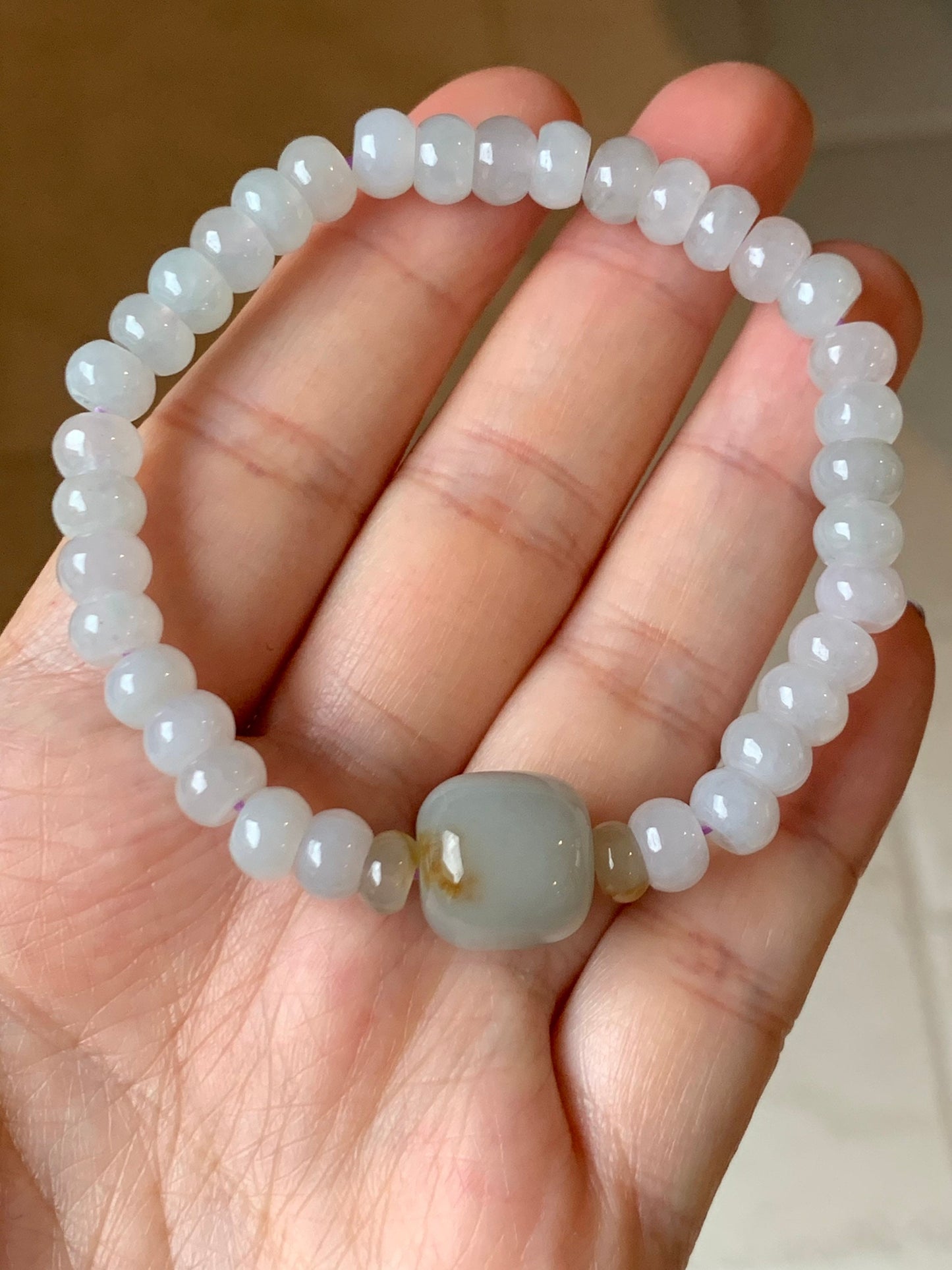 Natural Burmese Icy Translucent White Jadeite Flat Bead Large Sky Blue Jadeite Drum Bead Beaded Bracelet Stretchy 7” 天然缅甸白冰翡翠大卡算盘珠天空蓝撒金鼓珠手串