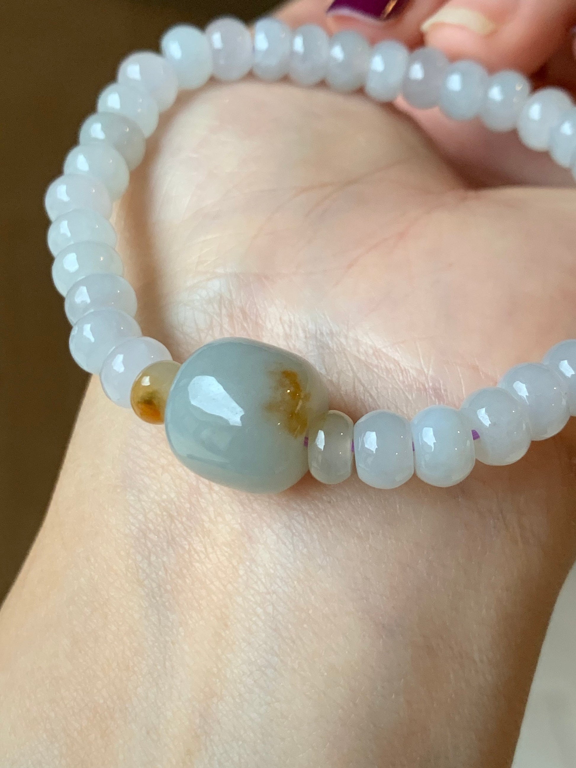 Natural Burmese Icy Translucent White Jadeite Flat Bead Large Sky Blue Jadeite Drum Bead Beaded Bracelet Stretchy 7” 天然缅甸白冰翡翠大卡算盘珠天空蓝撒金鼓珠手串