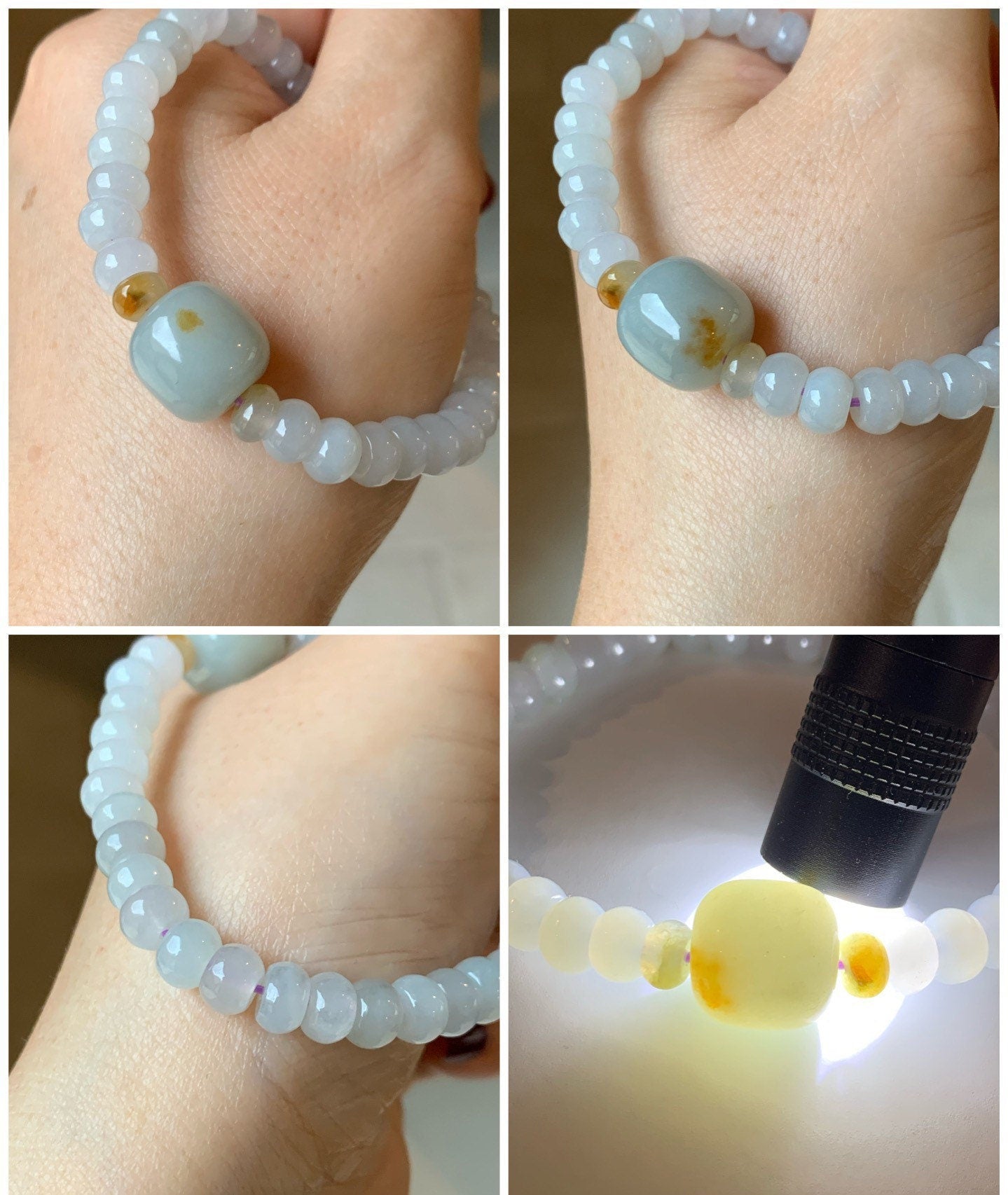 Natural Burmese Icy Translucent White Jadeite Flat Bead Large Sky Blue Jadeite Drum Bead Beaded Bracelet Stretchy 7” 天然缅甸白冰翡翠大卡算盘珠天空蓝撒金鼓珠手串