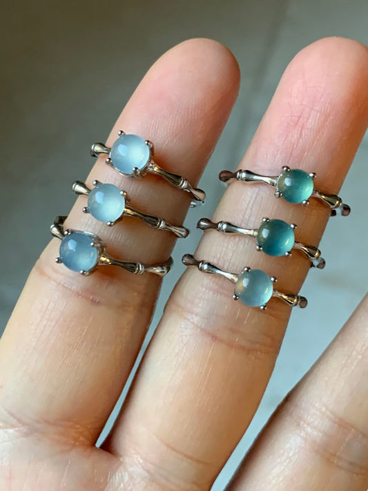 Natural Guatemalan Highly Translucent Glowing Blue Jadeite Solitaire Bamboo Ring S925 Silver Adjustable Size 天然冰危蓝翡翠竹节款银镶戒指