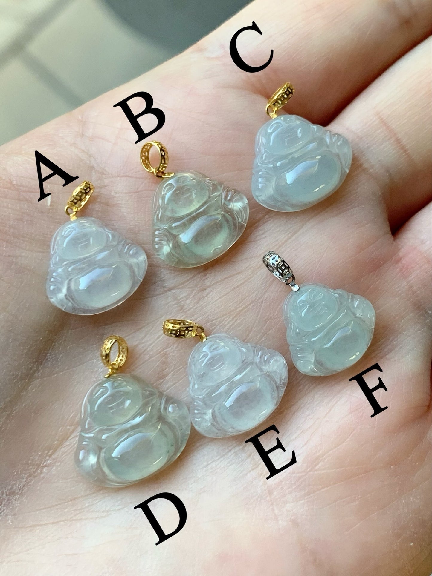 PETITE Natural Burmese Premium Highly Translucent Icy Jadeite Buddha Petite Pendant 18K Yellow or White Gold Bail 天然缅甸老种正冰起钢翡翠佛公镶嵌吊坠