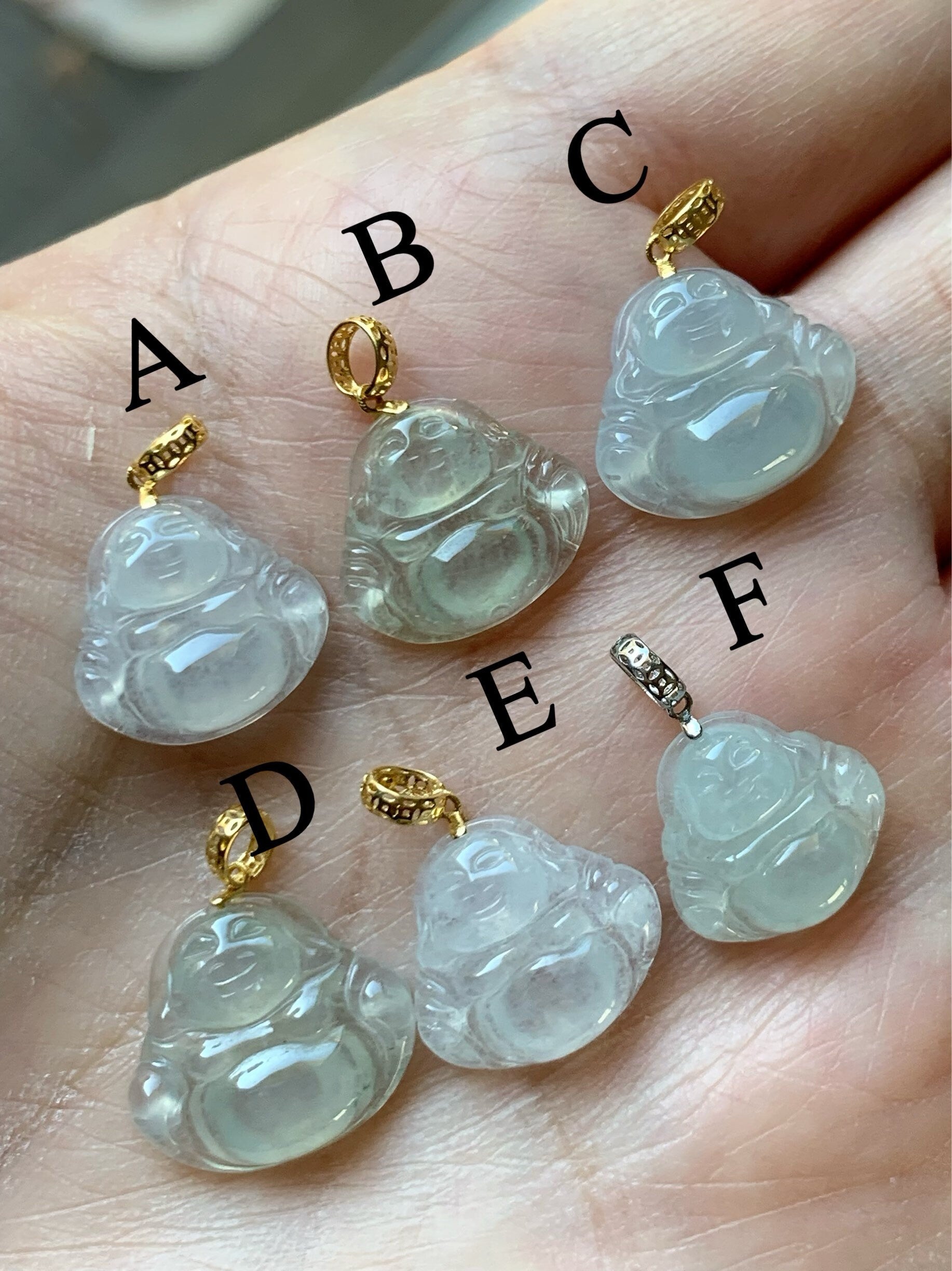 PETITE Natural Burmese Premium Highly Translucent Icy Jadeite Buddha Petite Pendant 18K Yellow or White Gold Bail 天然缅甸老种正冰起钢翡翠佛公镶嵌吊坠