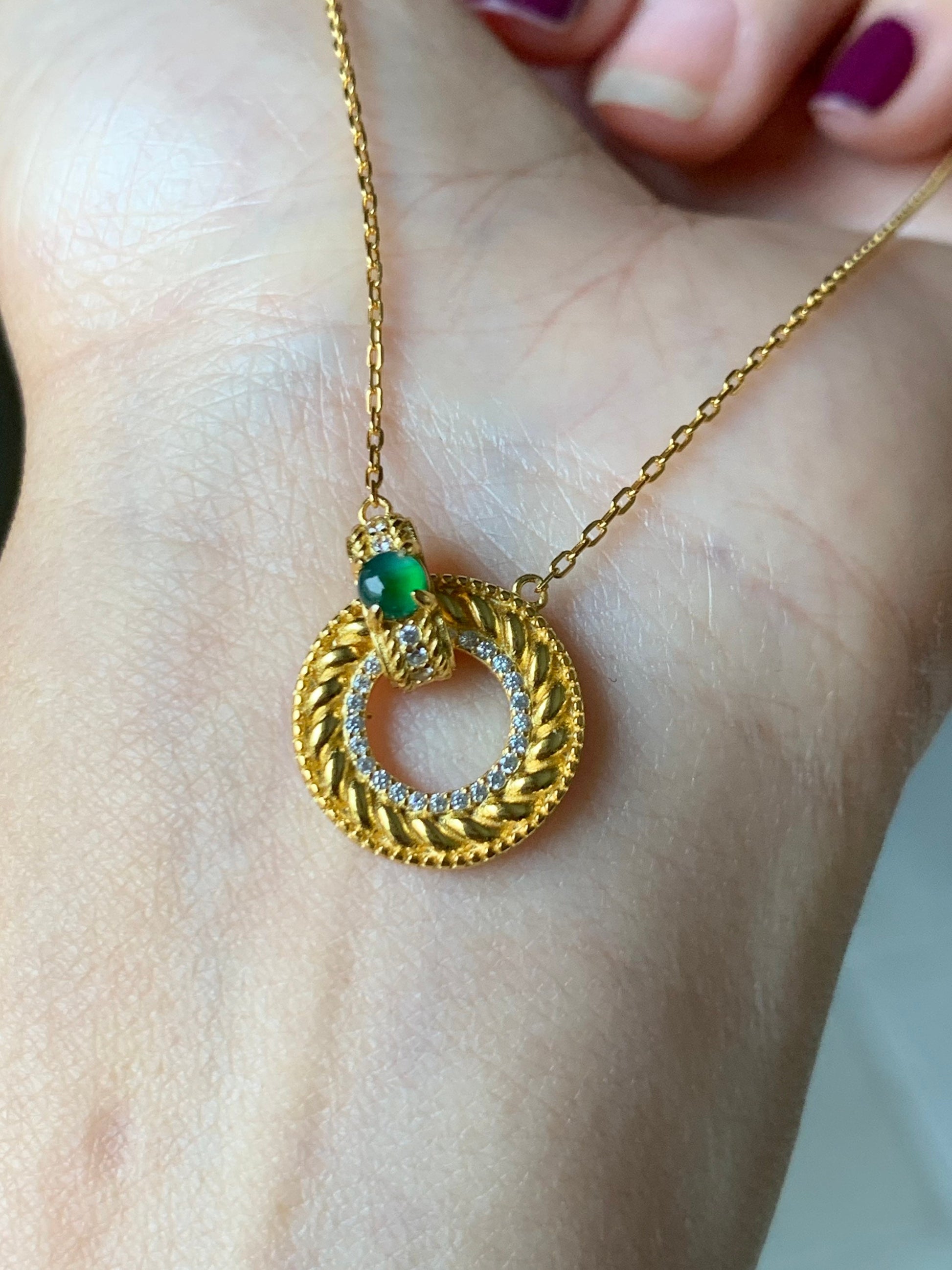 Natural Guatemalan Premium Vibrant Green Jadeite Ping An Kou Pendant and Chain S925 Silver w/ Yellow Gold Finish 天然高冰危绿翡翠银镶平安扣吊坠套链