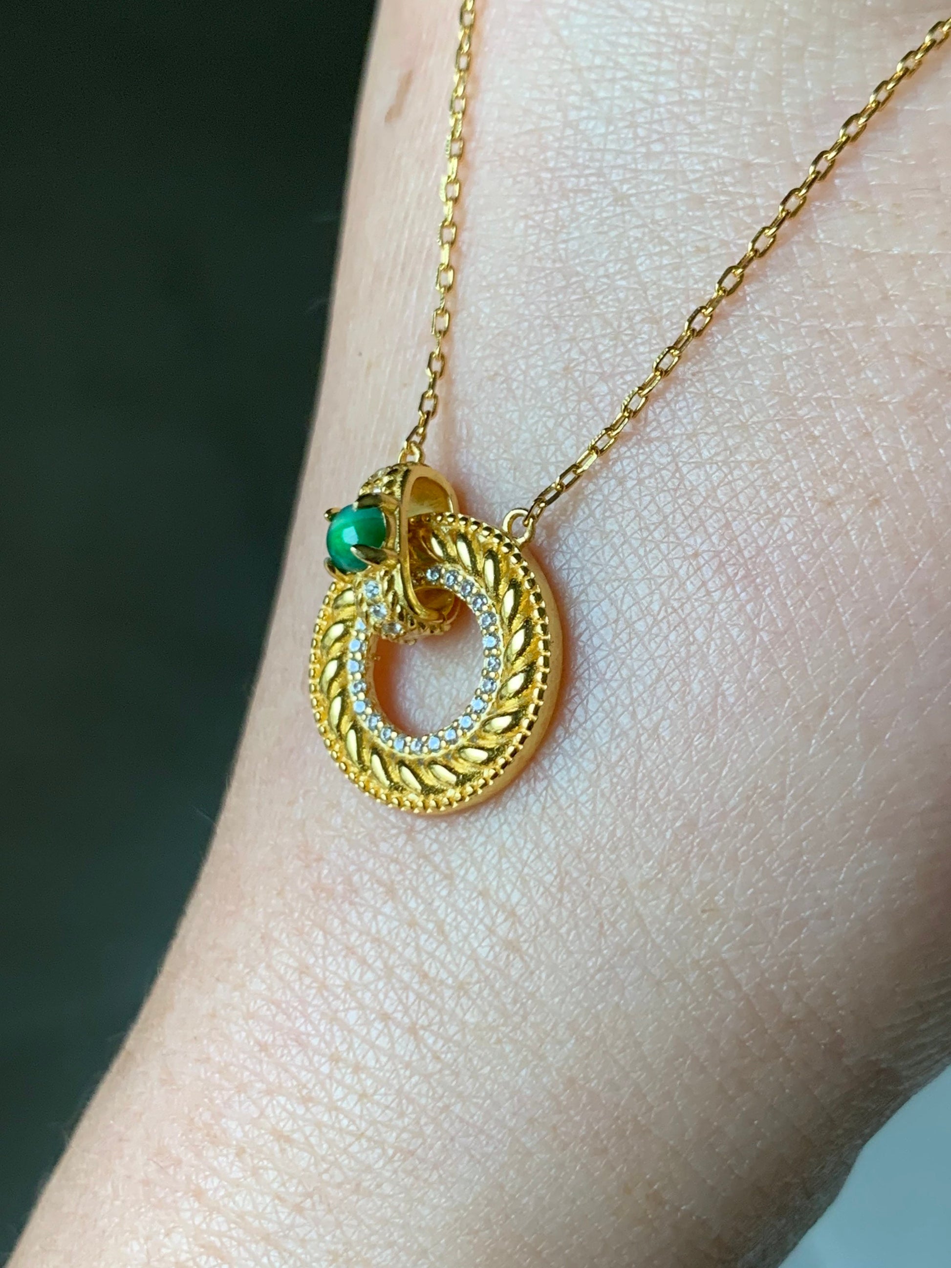 Natural Guatemalan Premium Vibrant Green Jadeite Ping An Kou Pendant and Chain S925 Silver w/ Yellow Gold Finish 天然高冰危绿翡翠银镶平安扣吊坠套链
