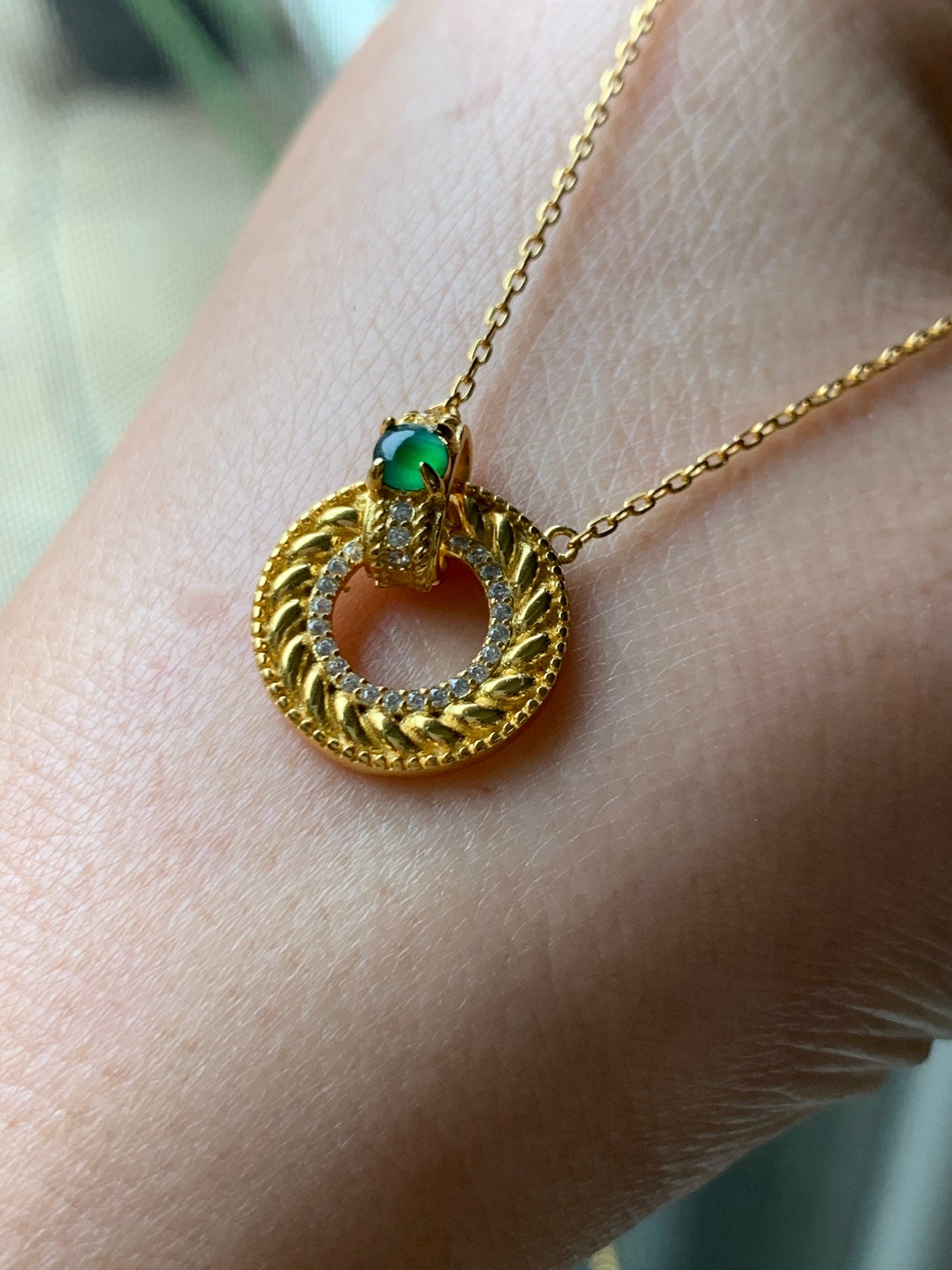 Natural Guatemalan Premium Vibrant Green Jadeite Ping An Kou Pendant and Chain S925 Silver w/ Yellow Gold Finish 天然高冰危绿翡翠银镶平安扣吊坠套链