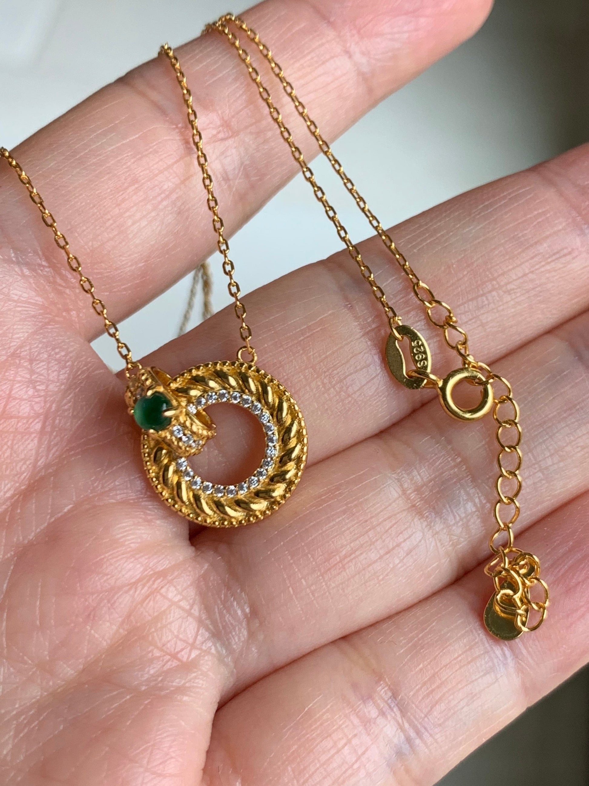 Natural Guatemalan Premium Vibrant Green Jadeite Ping An Kou Pendant and Chain S925 Silver w/ Yellow Gold Finish 天然高冰危绿翡翠银镶平安扣吊坠套链