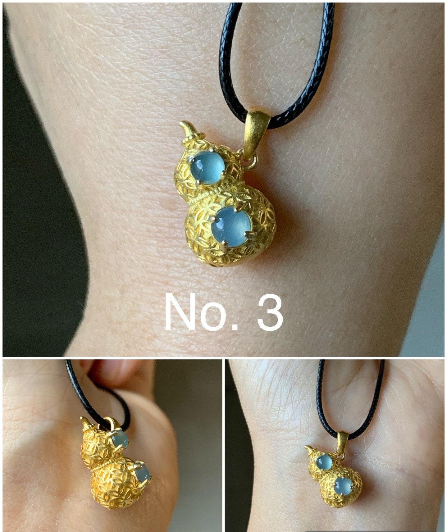 Natural Guatemalan Premium Light Blue Jadeite 3D Hulu Gourd Pendant S925 Silver Yellow Gold Finish w/ Chain 天然高冰危天空蓝翡翠银镶立体葫芦吊坠套链