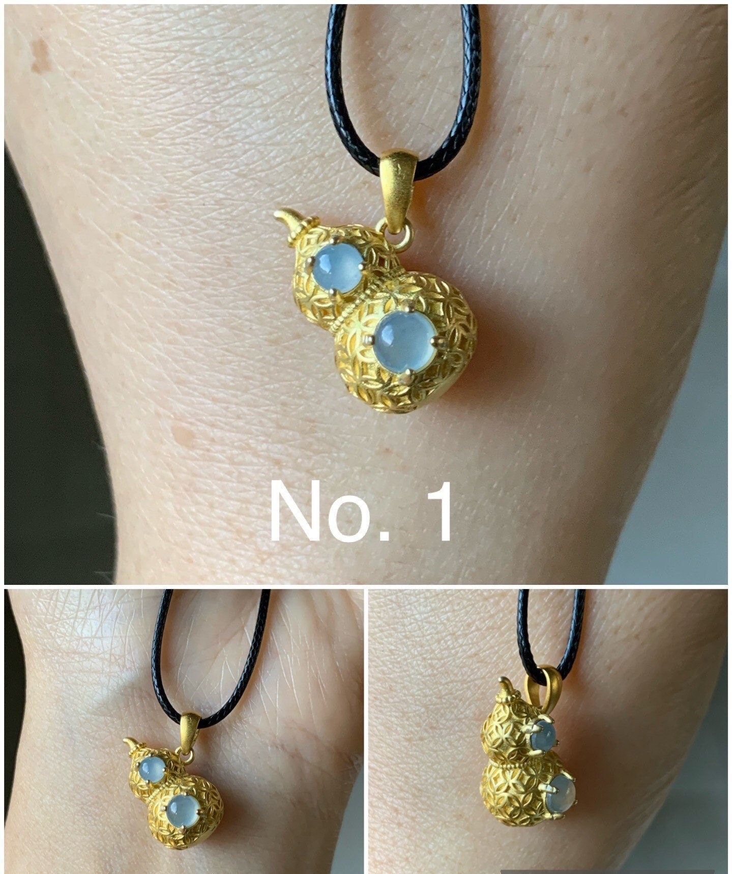 Natural Guatemalan Premium Light Blue Jadeite 3D Hulu Gourd Pendant S925 Silver Yellow Gold Finish w/ Chain 天然高冰危天空蓝翡翠银镶立体葫芦吊坠套链