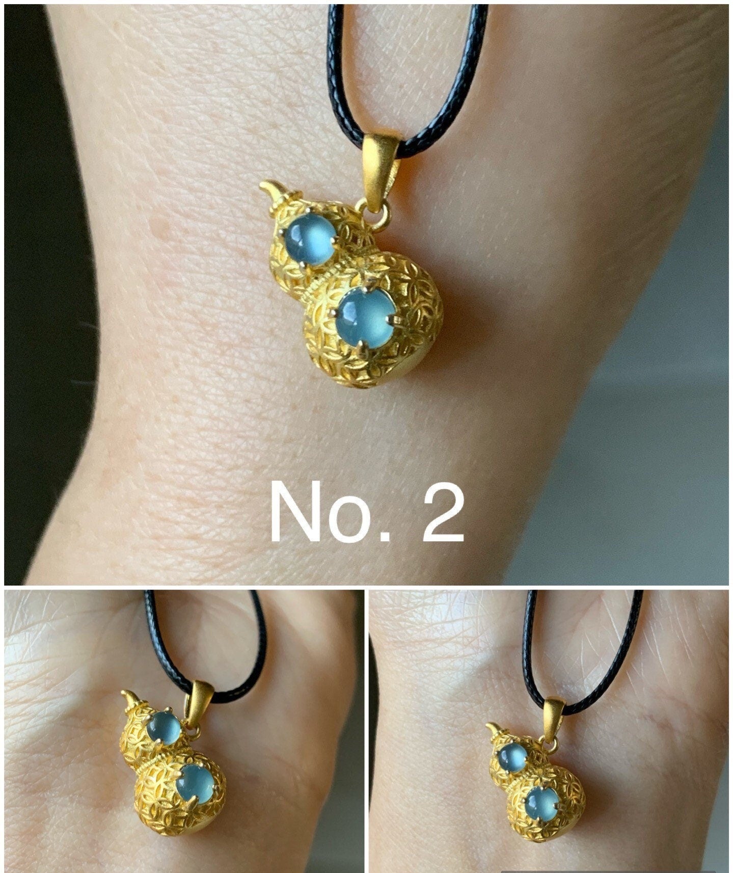 Natural Guatemalan Premium Light Blue Jadeite 3D Hulu Gourd Pendant S925 Silver Yellow Gold Finish w/ Chain 天然高冰危天空蓝翡翠银镶立体葫芦吊坠套链