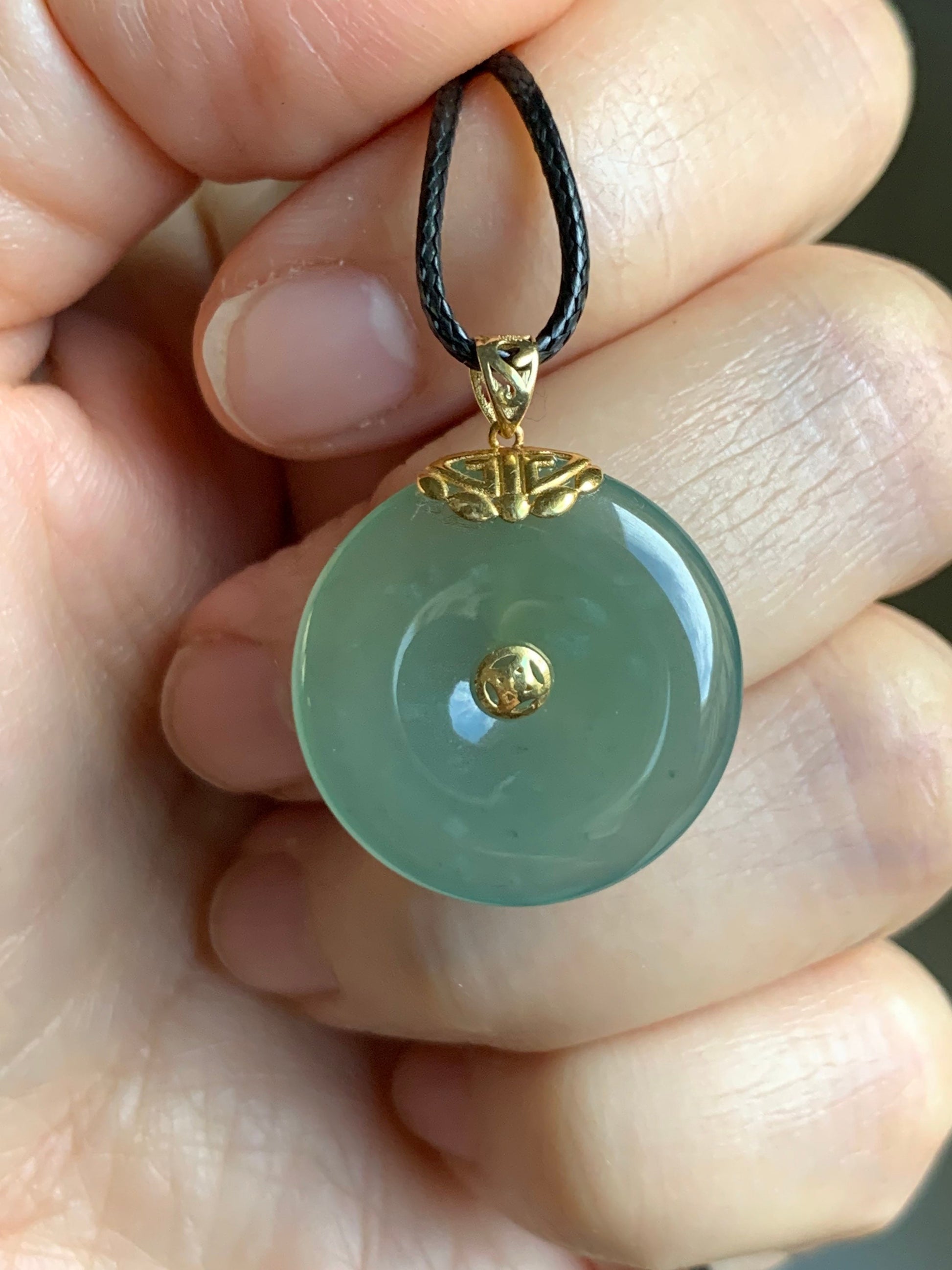Natural Guatemalan Icy Translucent Teal Green Jadeite Ping An Kou Circle Pendant 18K Yellow Gold Setting 天然冰危冰胶晴绿翡翠平安扣18K镶嵌吊坠