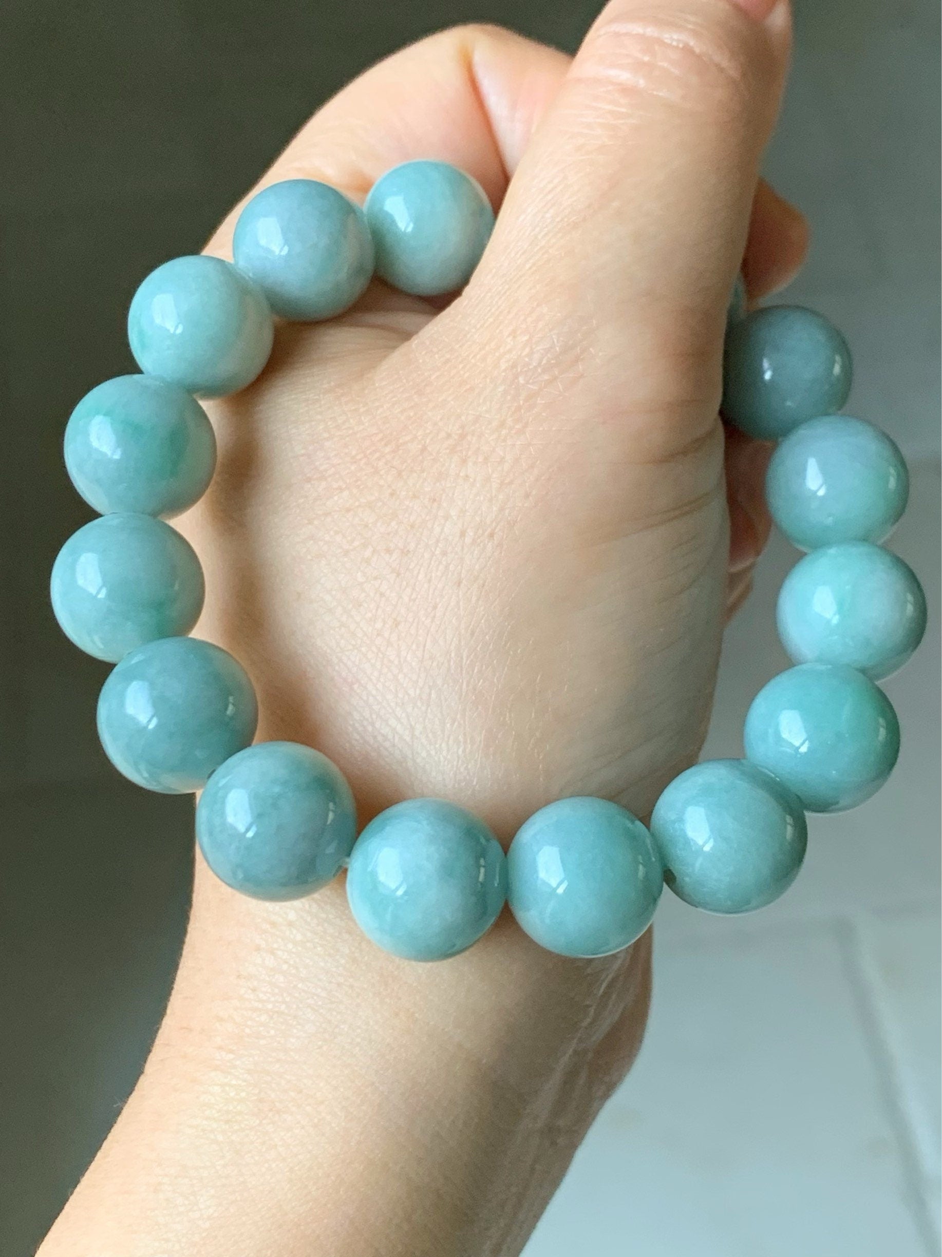 Large Natural Burmese Grade A Light Blue Green Jadeite Beaded Bracelet Stretchy 13.5mm 7.75” 70grams 天然缅甸淡蓝绿翡翠圆珠手串