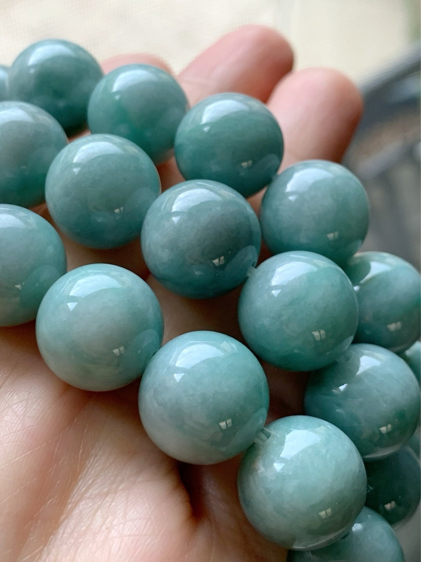 Large Natural Burmese Grade A Light Blue Green Jadeite Beaded Bracelet Stretchy 13.5mm 7.75” 70grams 天然缅甸淡蓝绿翡翠圆珠手串