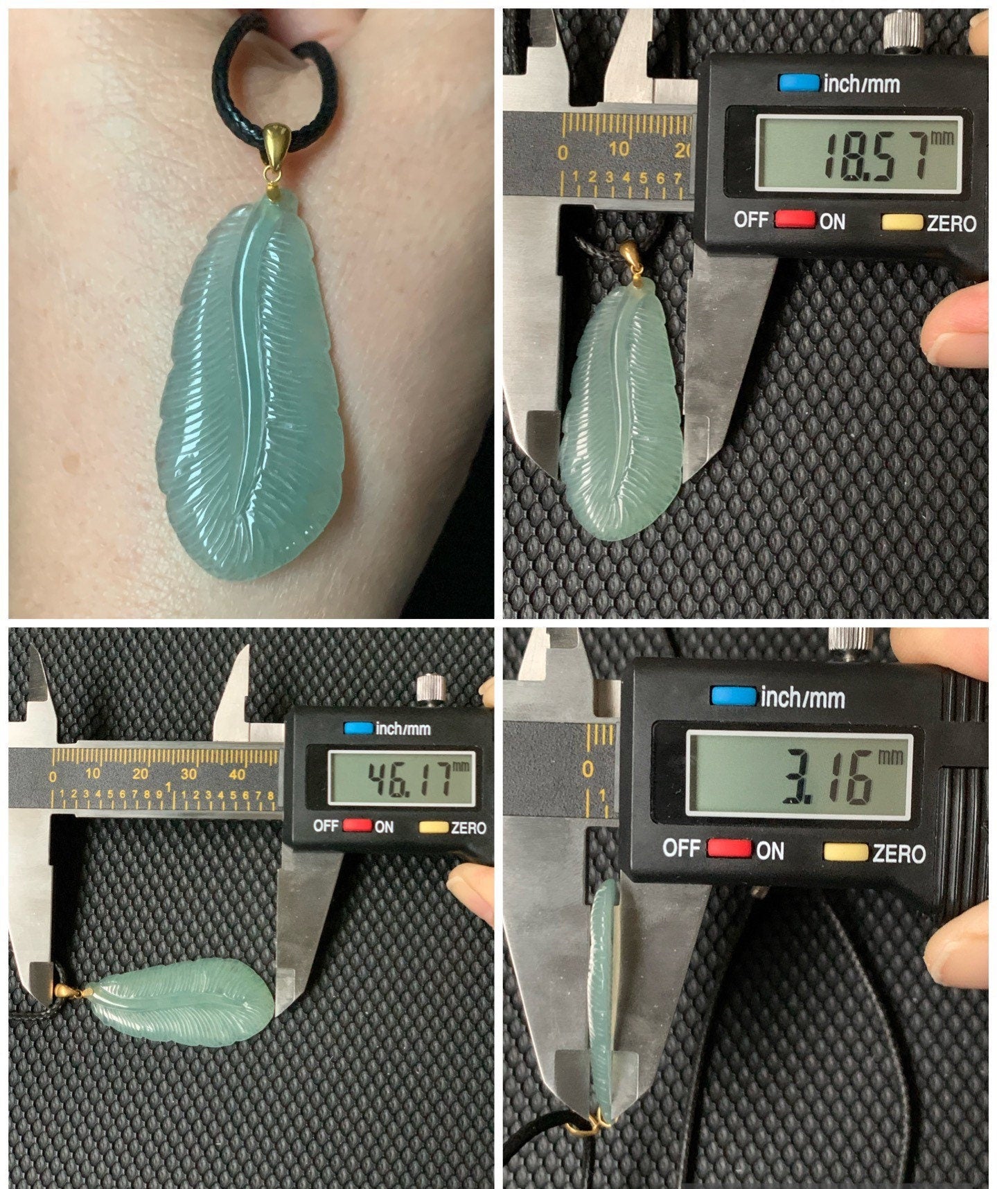 Large Natural Burmese Translucent Gelatinous Icy Green Jadeite Carved Feather Pendant 18K Yellow Gold Bail 天然缅甸冰绿翡翠羽毛镶嵌吊坠