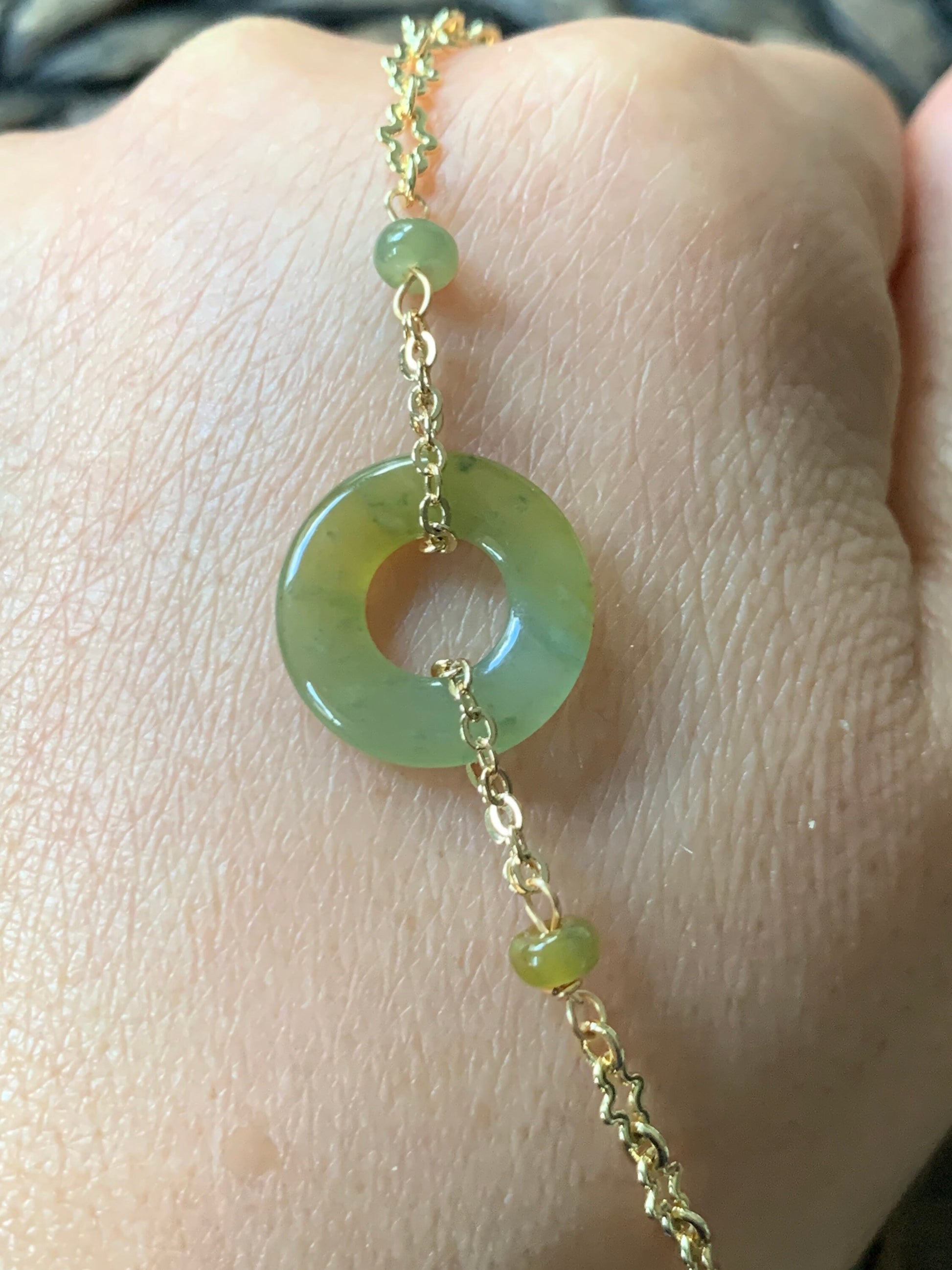 Natural Guatemalan Icy Translucent Light Yellow Jadeite Ping An Kou Bracelet 14K Gold Plated Adjustable up to 6.75” 天然冰危黄翡翠平安扣14K包金手链
