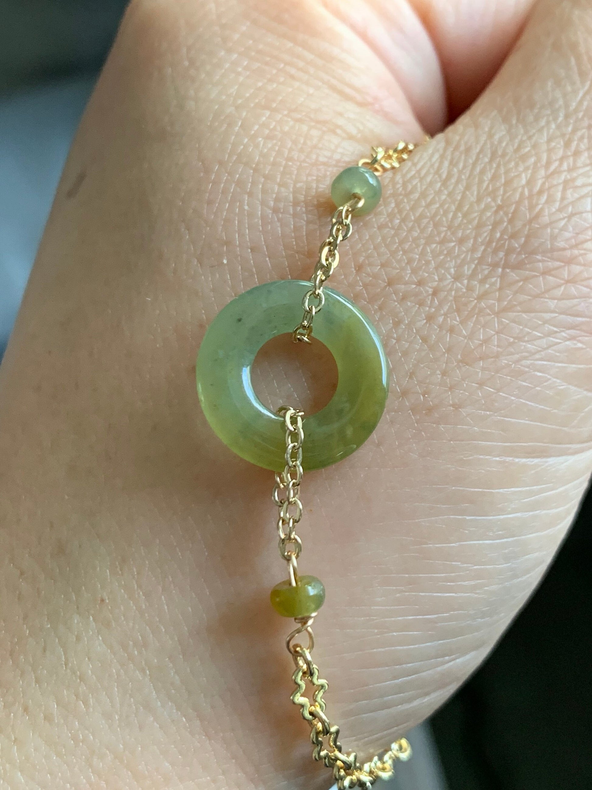 Natural Guatemalan Icy Translucent Light Yellow Jadeite Ping An Kou Bracelet 14K Gold Plated Adjustable up to 6.75” 天然冰危黄翡翠平安扣14K包金手链