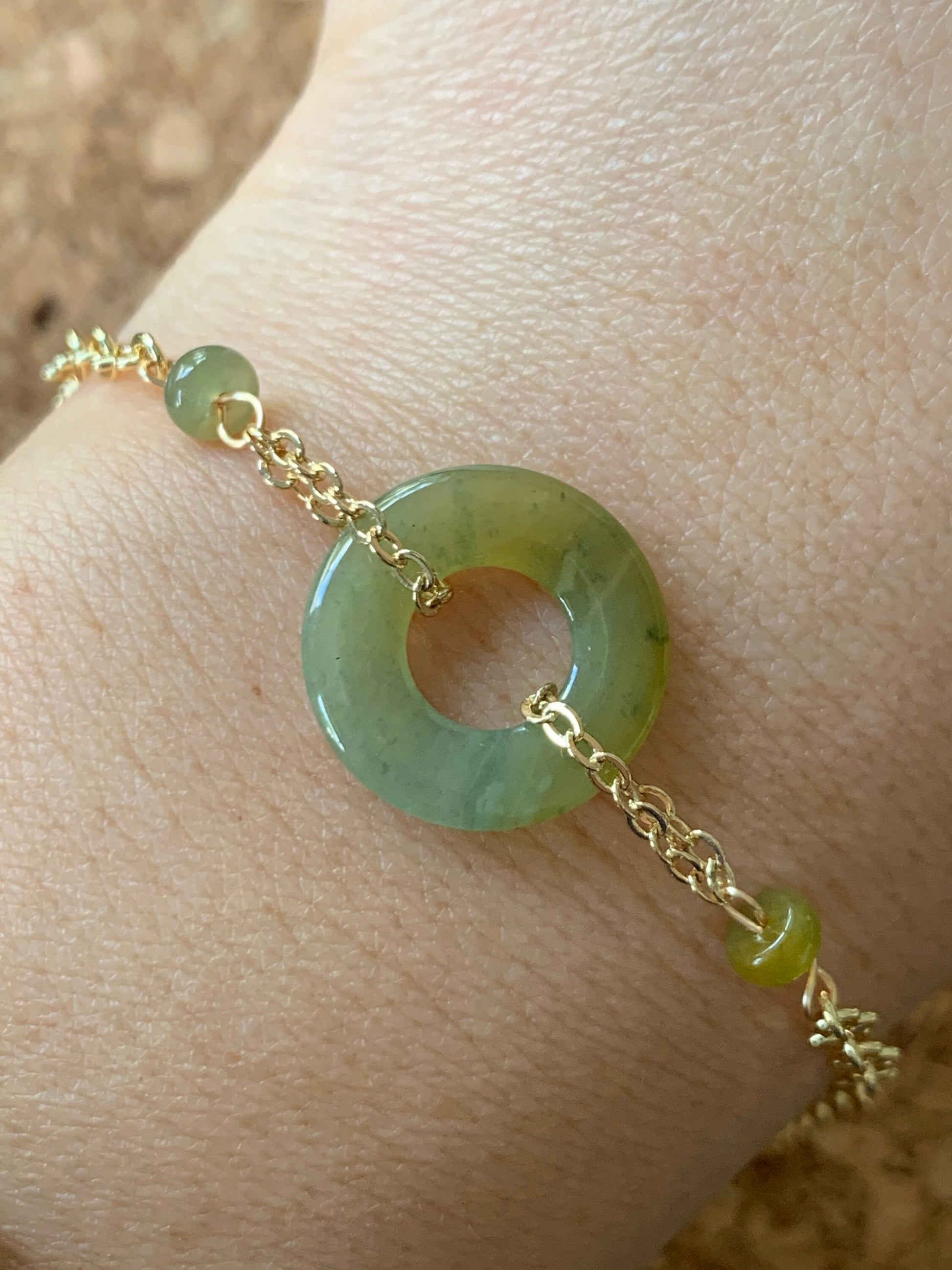 Natural Guatemalan Icy Translucent Light Yellow Jadeite Ping An Kou Bracelet 14K Gold Plated Adjustable up to 6.75” 天然冰危黄翡翠平安扣14K包金手链