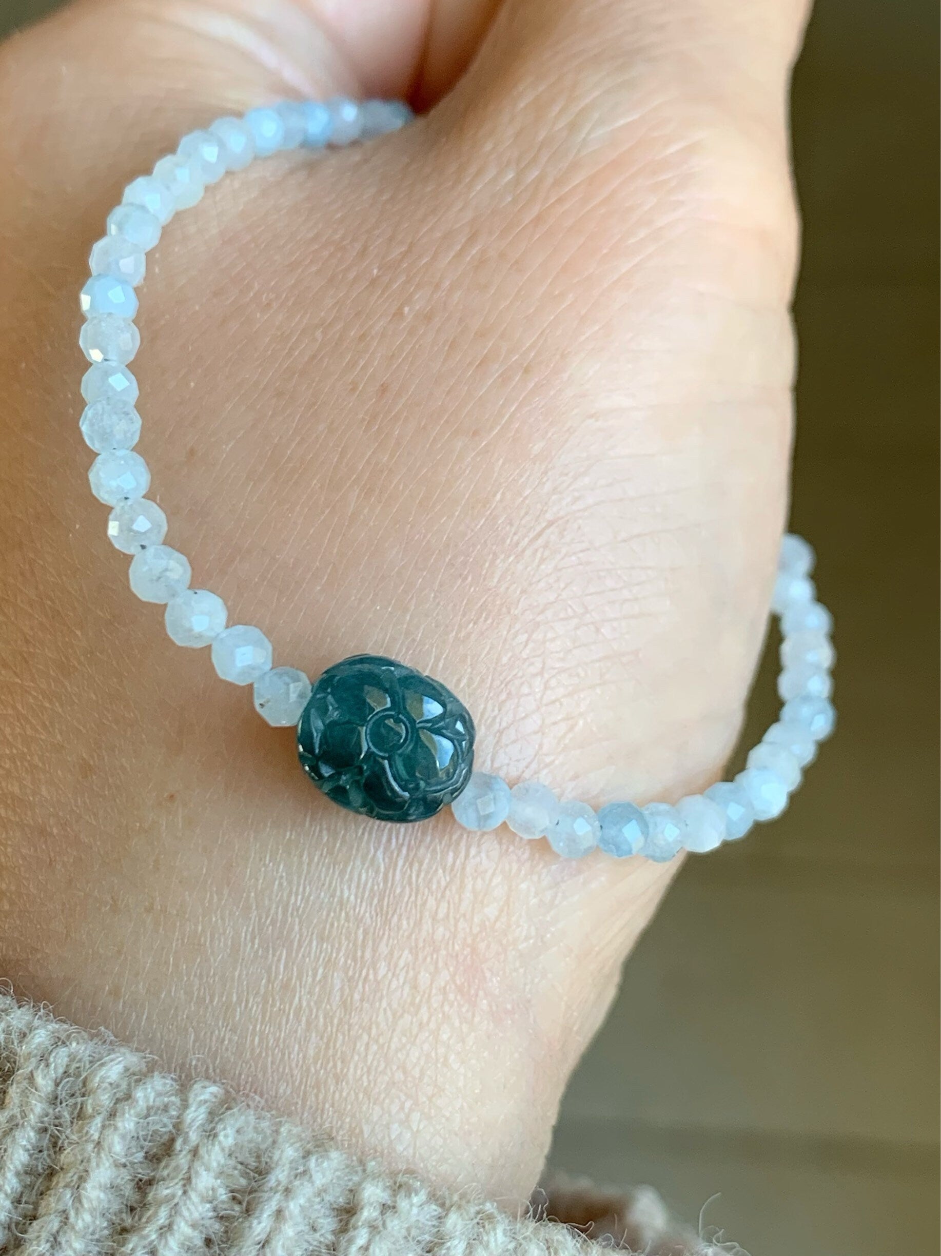 Natural Guatemalan Icy Blue Jadeite Engraved Bead Natural Faceted Aquamarine Beaded Bracelet Adjustable Sterling Silver 天然冰危蓝翡翠仿古雕珠海蓝宝珠手串