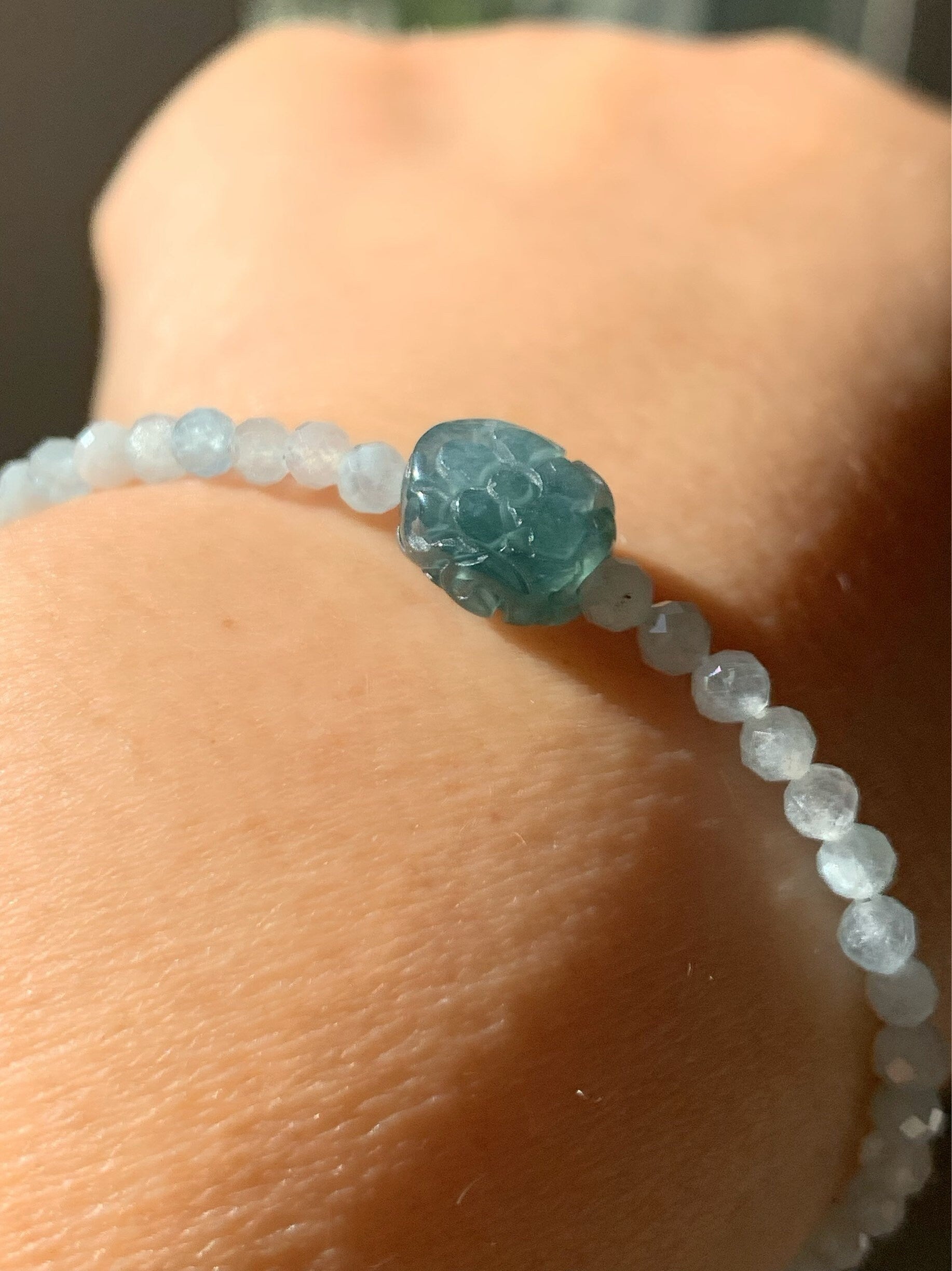 Natural Guatemalan Icy Blue Jadeite Engraved Bead Natural Faceted Aquamarine Beaded Bracelet Adjustable Sterling Silver 天然冰危蓝翡翠仿古雕珠海蓝宝珠手串