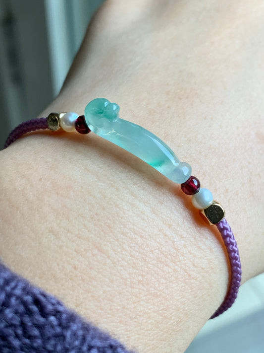 Natural Burmese Highly Translucent Green Marbled Jadeite Carved 3D Dragon Hook Handmade Bracelet Adjustable 6”-8” 天然缅甸正冰飘花翡翠立体雕龙钩手绳