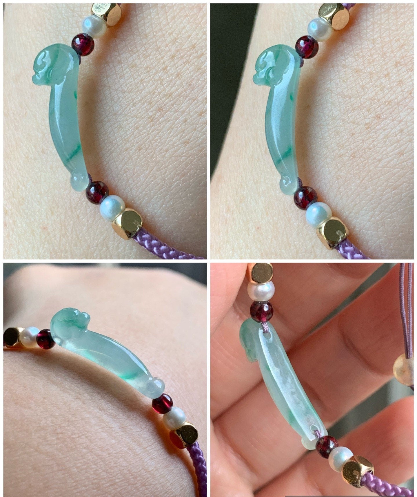 Natural Burmese Highly Translucent Green Marbled Jadeite Carved 3D Dragon Hook Handmade Bracelet Adjustable 6”-8” 天然缅甸正冰飘花翡翠立体雕龙钩手绳