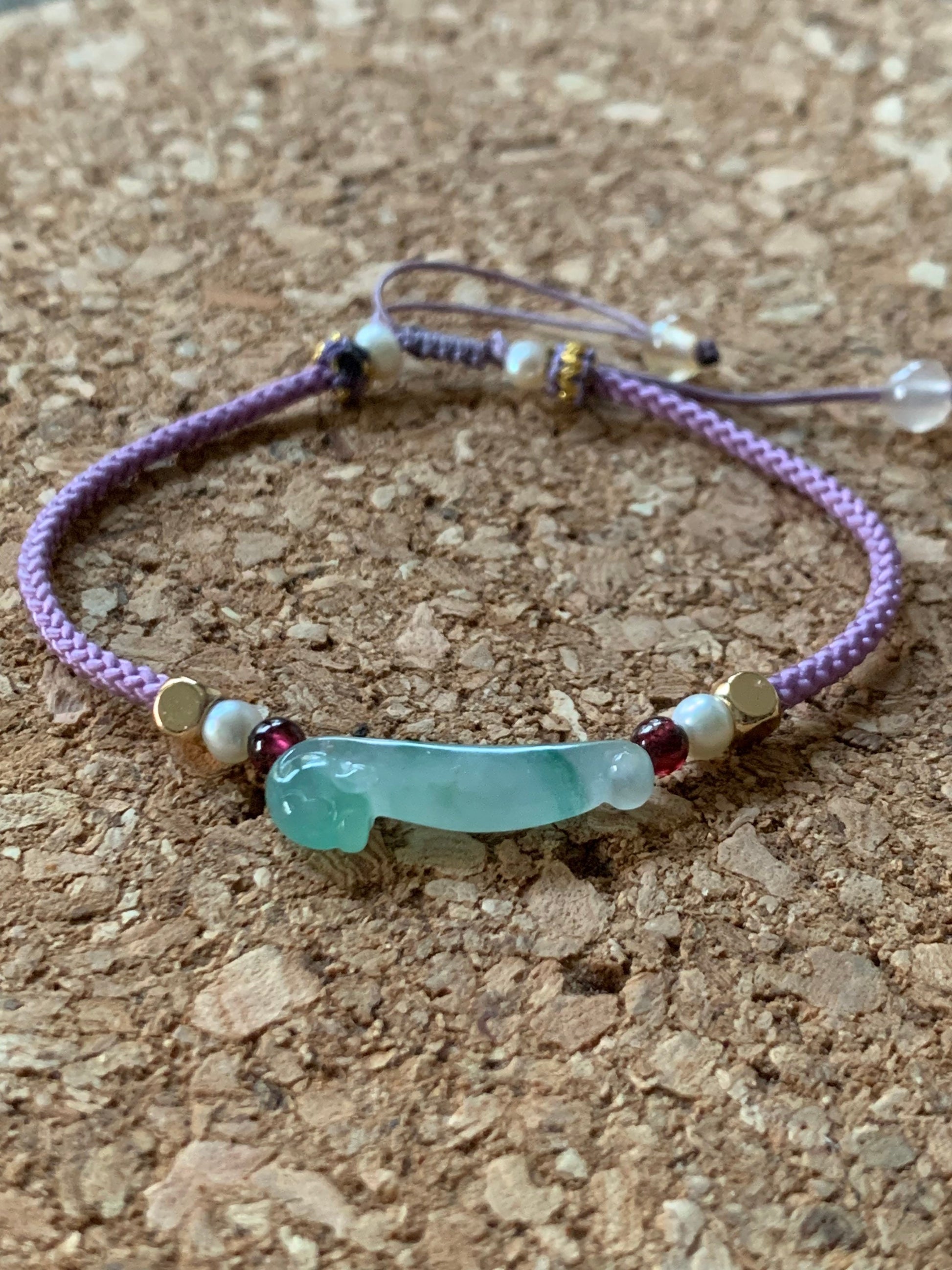 Natural Burmese Highly Translucent Green Marbled Jadeite Carved 3D Dragon Hook Handmade Bracelet Adjustable 6”-8” 天然缅甸正冰飘花翡翠立体雕龙钩手绳