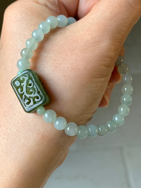 Natural Burmese Icy Translucent Gelatinous Light Green Jadeite Olive Green Rectangle Jadeite Engraved Bead Beaded Bracelet 7” 天然缅甸冰晴绿翡翠手牌手串