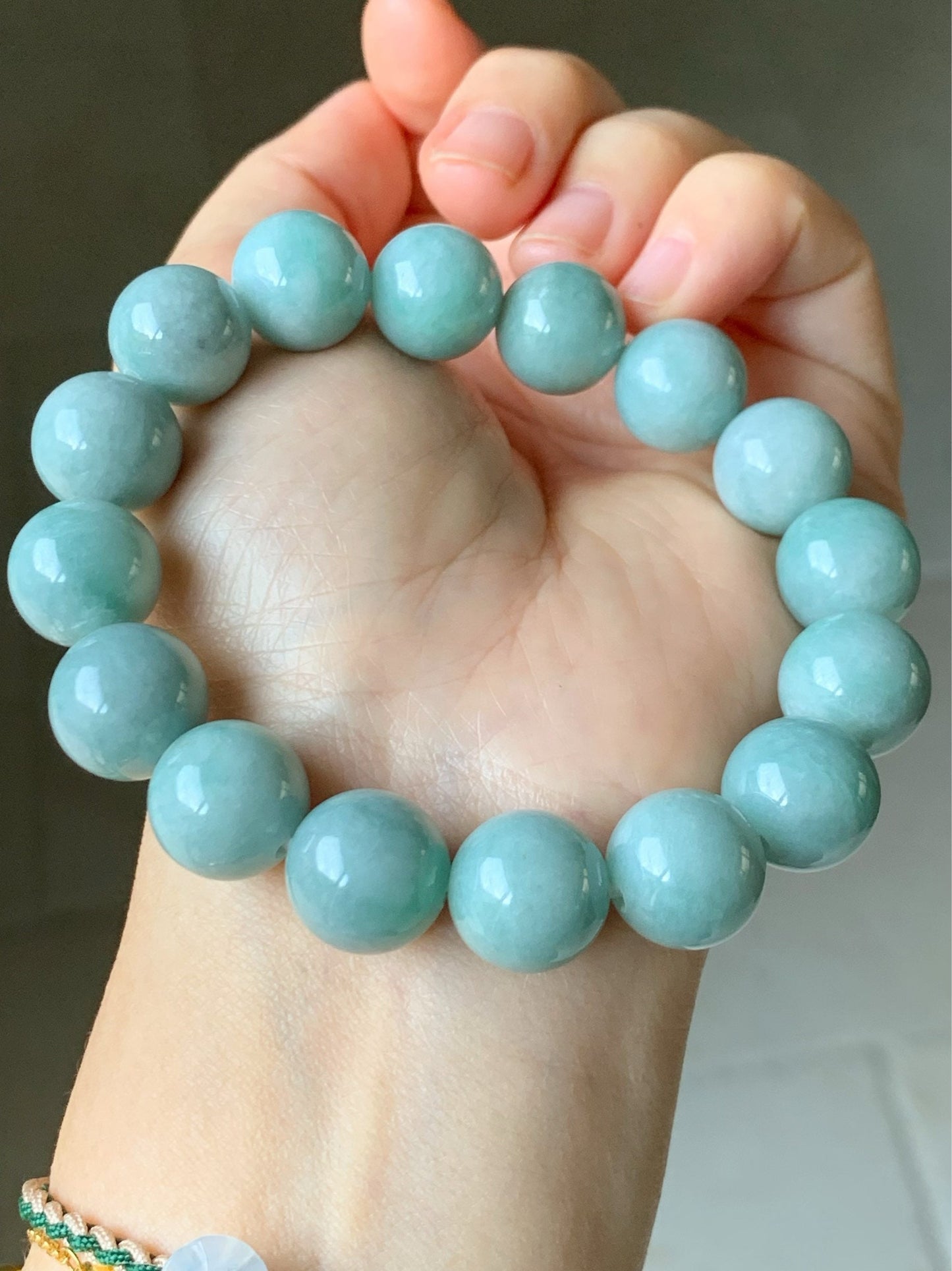 Large Natural Burmese Grade A Light Blue Green Jadeite Beaded Bracelet Stretchy 13.5mm 7.75” 70grams 天然缅甸淡蓝绿翡翠圆珠手串