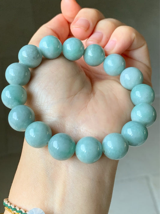 Large Natural Burmese Grade A Light Blue Green Jadeite Beaded Bracelet Stretchy 13.5mm 7.75” 70grams 天然缅甸淡蓝绿翡翠圆珠手串