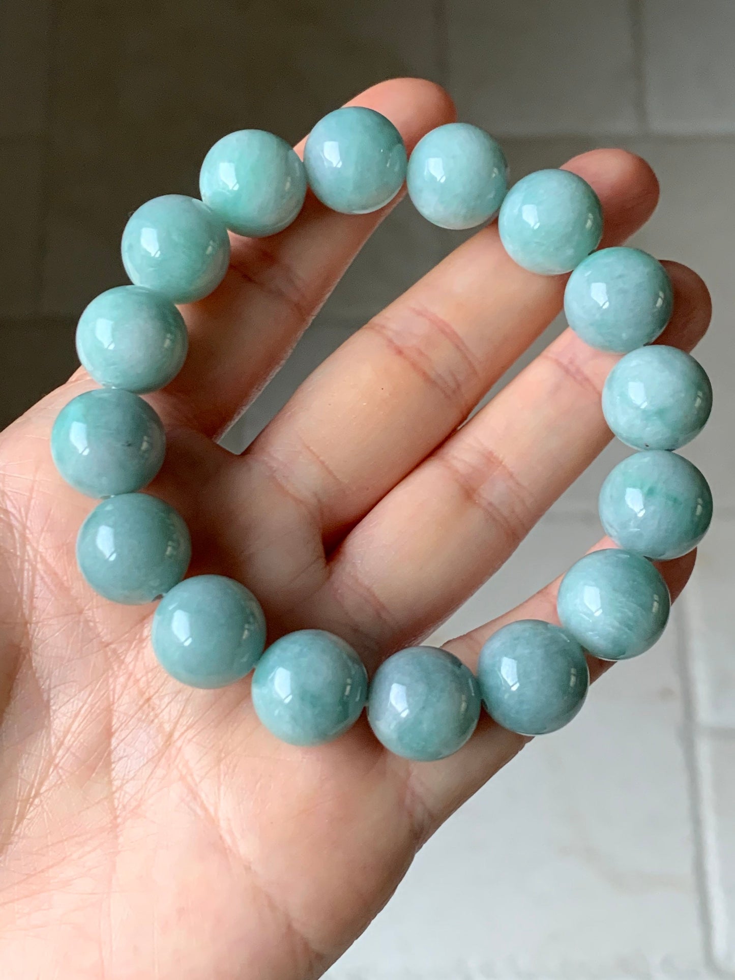 Large Natural Burmese Grade A Light Blue Green Jadeite Beaded Bracelet Stretchy 13.5mm 7.75” 70grams 天然缅甸淡蓝绿翡翠圆珠手串