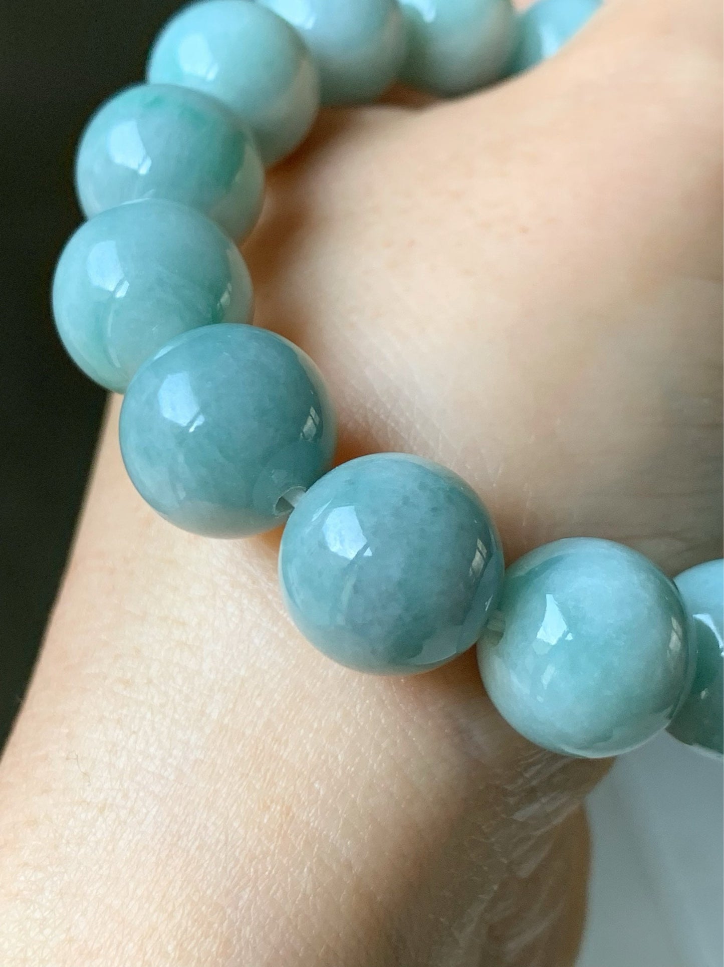 Large Natural Burmese Grade A Light Blue Green Jadeite Beaded Bracelet Stretchy 13.5mm 7.75” 70grams 天然缅甸淡蓝绿翡翠圆珠手串