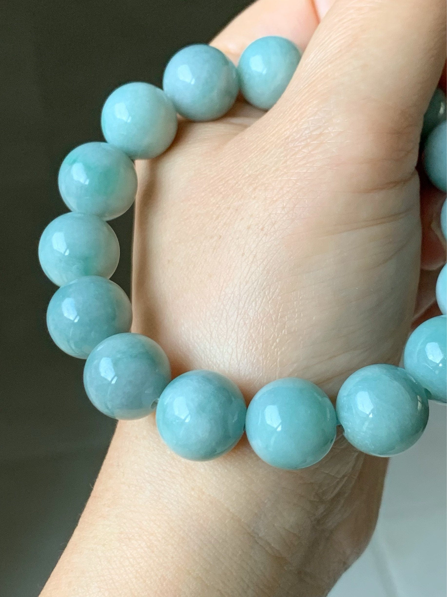 Large Natural Burmese Grade A Light Blue Green Jadeite Beaded Bracelet Stretchy 13.5mm 7.75” 70grams 天然缅甸淡蓝绿翡翠圆珠手串