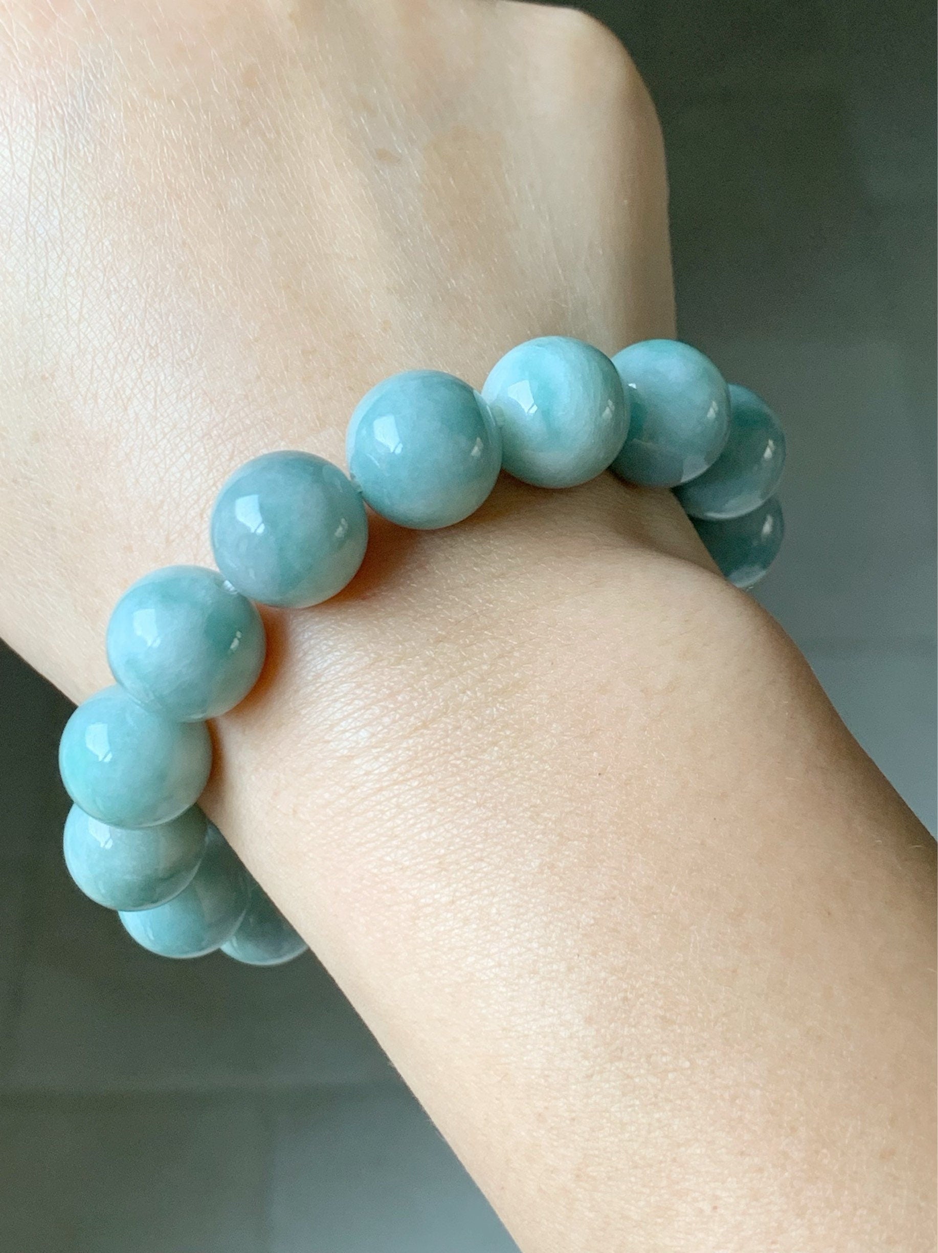 Large Natural Burmese Grade A Light Blue Green Jadeite Beaded Bracelet Stretchy 13.5mm 7.75” 70grams 天然缅甸淡蓝绿翡翠圆珠手串