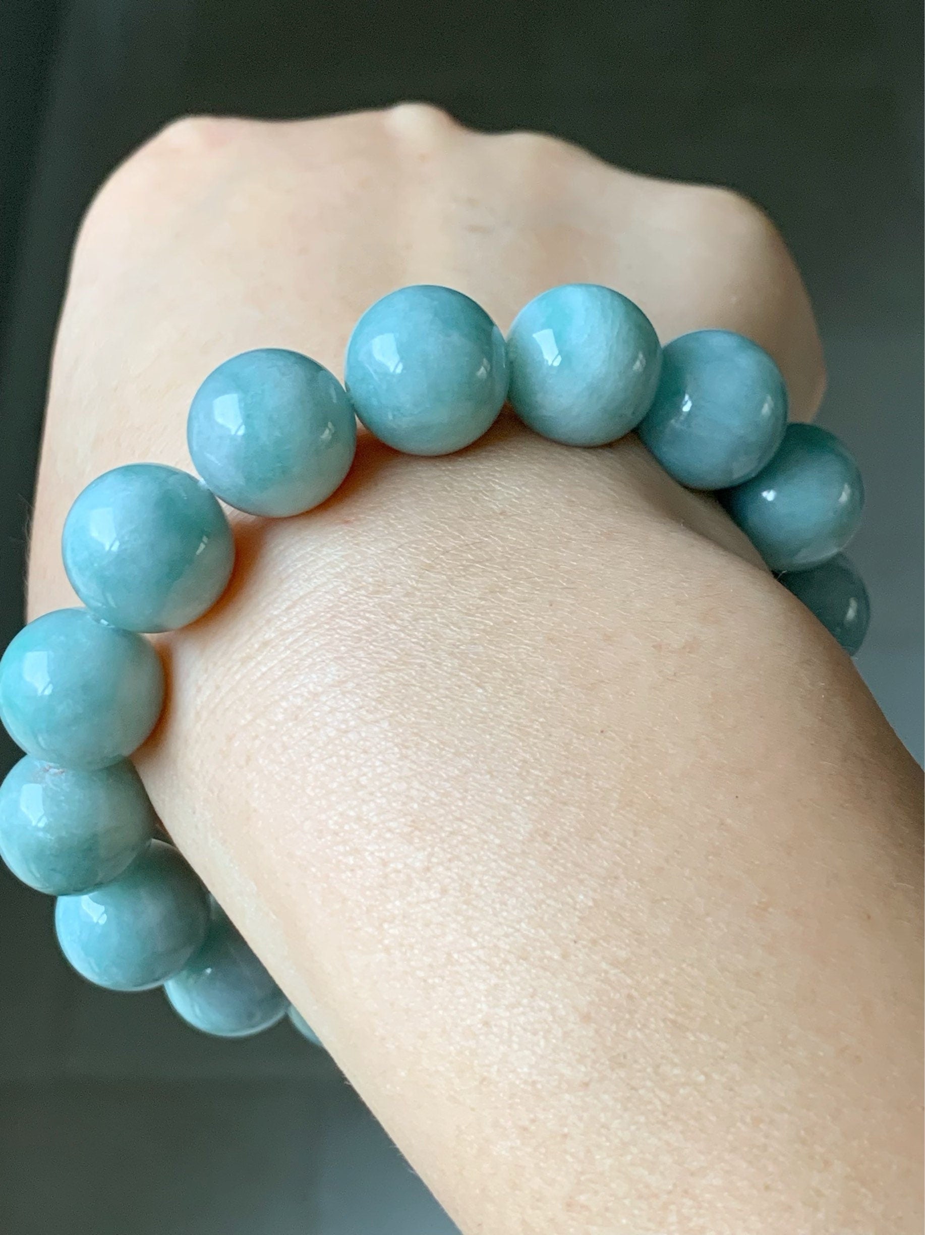 Large Natural Burmese Grade A Light Blue Green Jadeite Beaded Bracelet Stretchy 13.5mm 7.75” 70grams 天然缅甸淡蓝绿翡翠圆珠手串