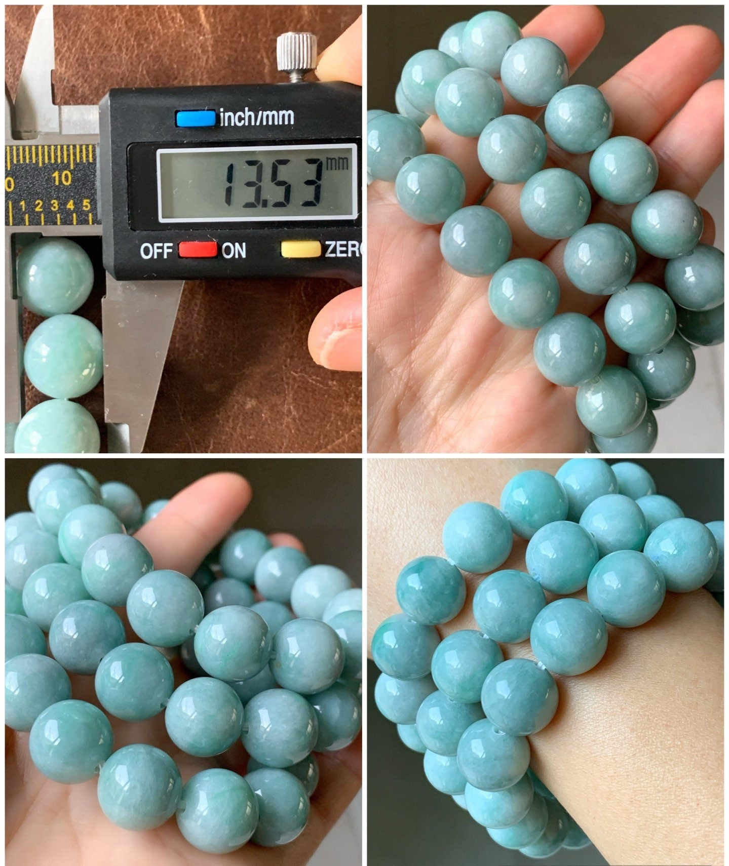 Large Natural Burmese Grade A Light Blue Green Jadeite Beaded Bracelet Stretchy 13.5mm 7.75” 70grams 天然缅甸淡蓝绿翡翠圆珠手串