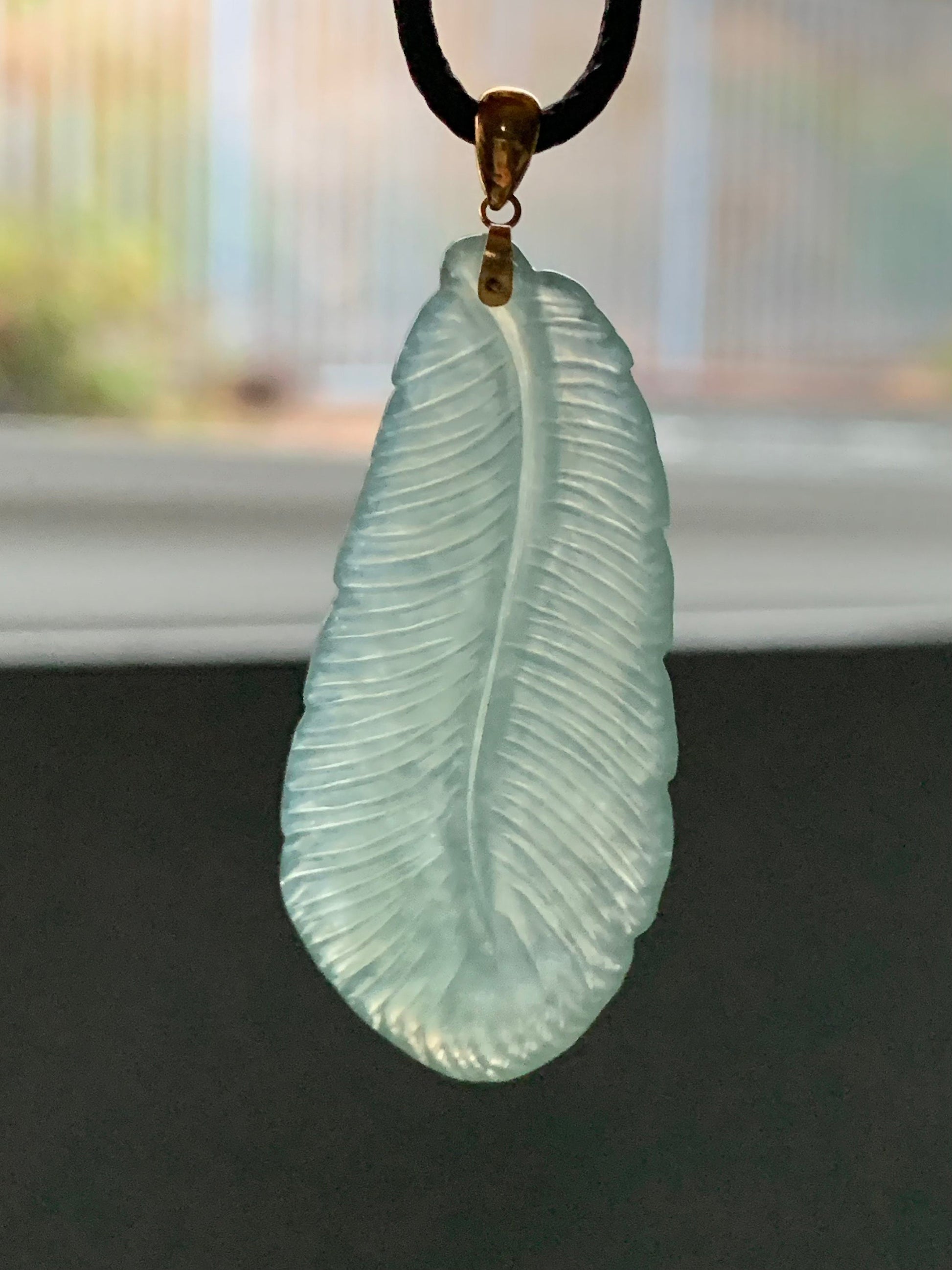 Large Natural Burmese Translucent Gelatinous Icy Green Jadeite Carved Feather Pendant 18K Yellow Gold Bail 天然缅甸冰绿翡翠羽毛镶嵌吊坠