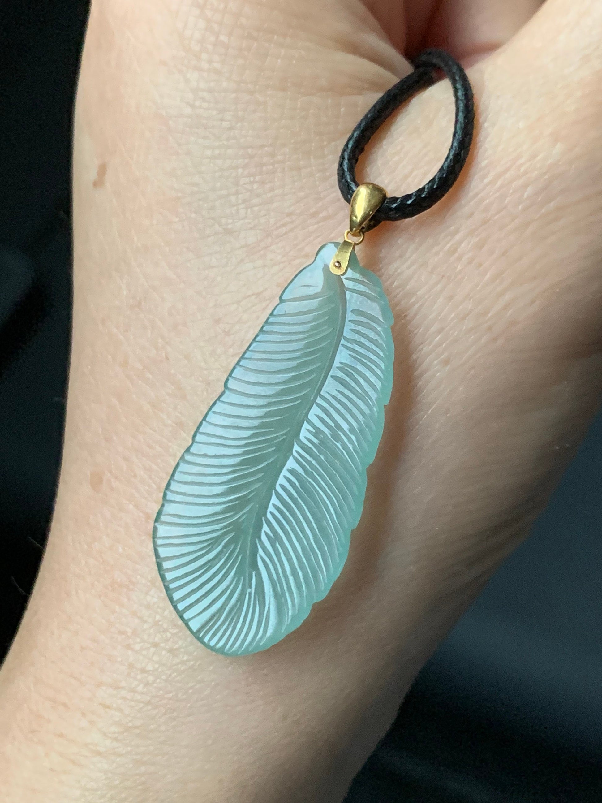 Large Natural Burmese Translucent Gelatinous Icy Green Jadeite Carved Feather Pendant 18K Yellow Gold Bail 天然缅甸冰绿翡翠羽毛镶嵌吊坠
