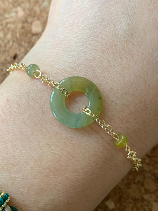Natural Guatemalan Icy Translucent Light Yellow Jadeite Ping An Kou Bracelet 14K Gold Plated Adjustable up to 6.75” 天然冰危黄翡翠平安扣14K包金手链