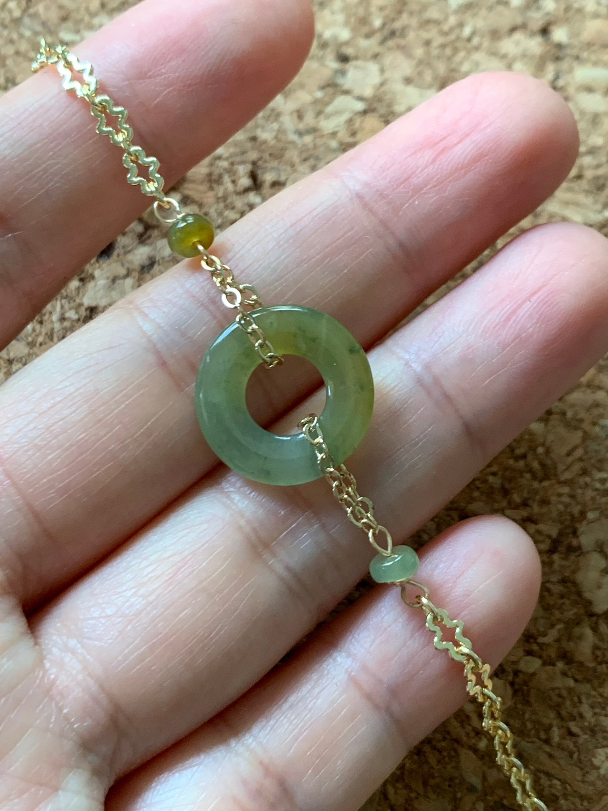Natural Guatemalan Icy Translucent Light Yellow Jadeite Ping An Kou Bracelet 14K Gold Plated Adjustable up to 6.75” 天然冰危黄翡翠平安扣14K包金手链