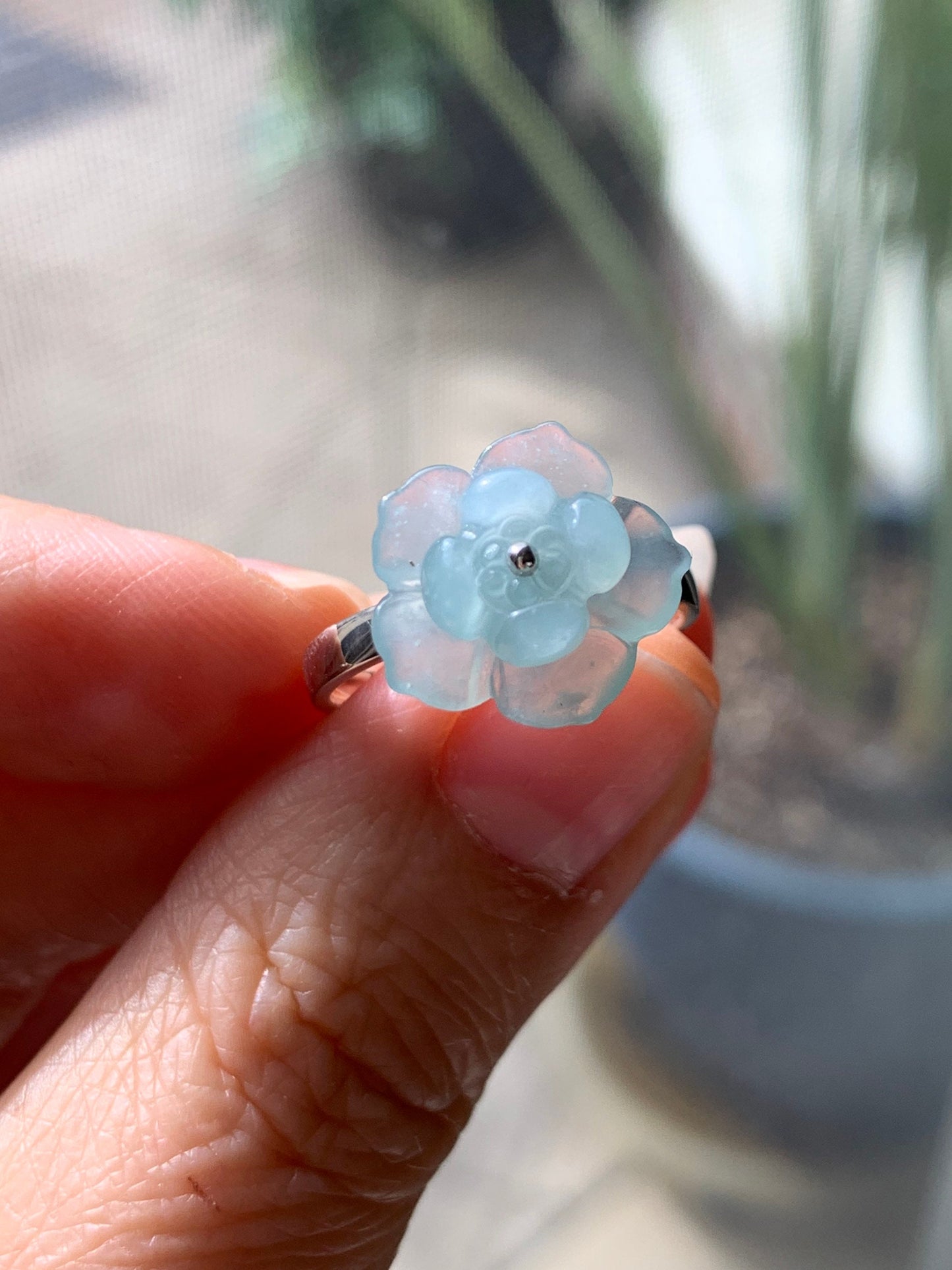 Certified Natural Guatemalan Premium Highly Translucent Sky Blue Jadeite Carved Lotus Flower Ring 18K White Gold size 7 天然危地马拉正高冰天空蓝翡翠莲花镶嵌戒指