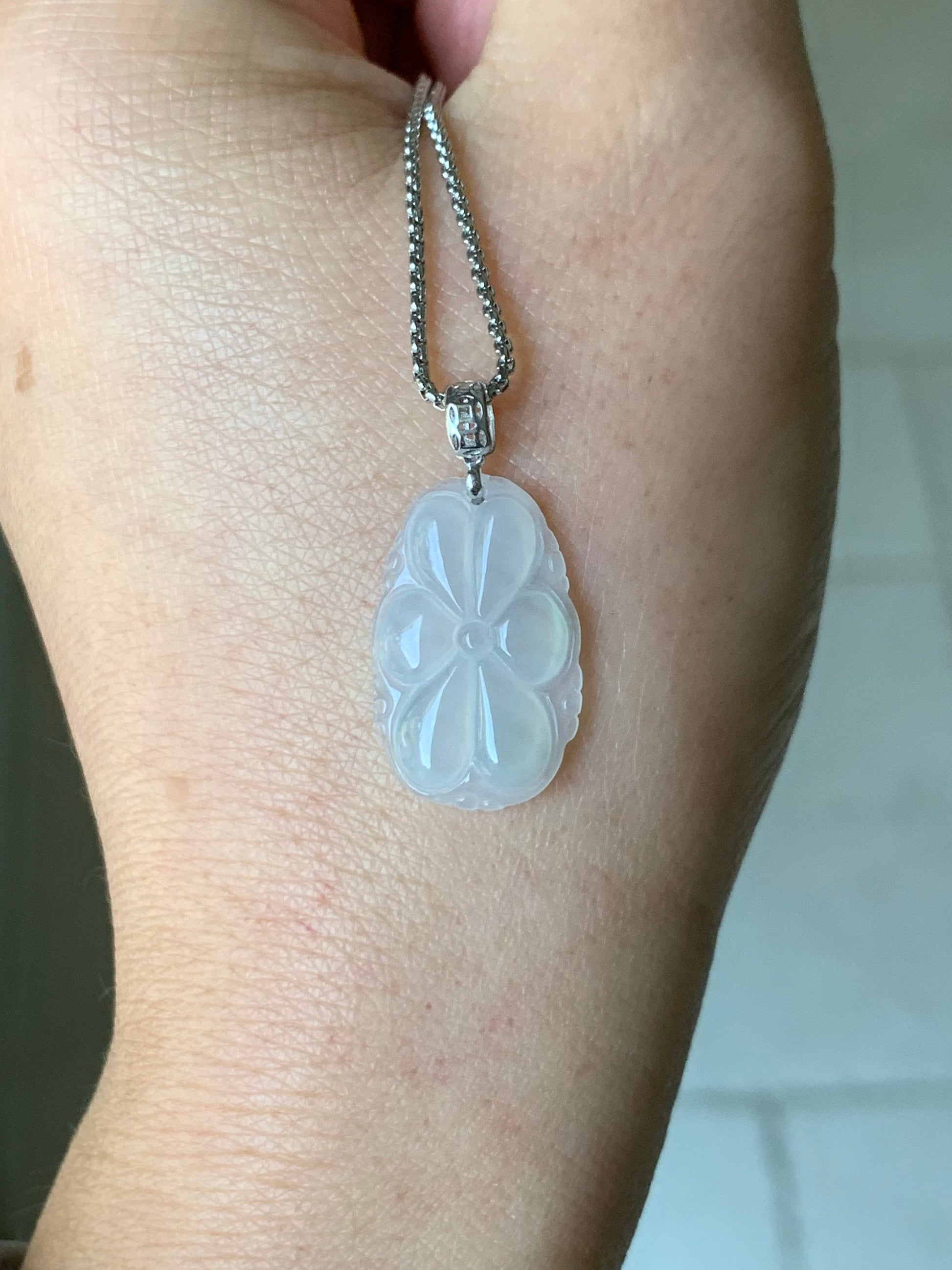 Natural Burmese Translucent Gelatinous Icy White Jadeite Carved Lotus Leaf Pendant 18K White Gold Bail 天然缅甸冰胶翡翠荷叶镶嵌吊坠