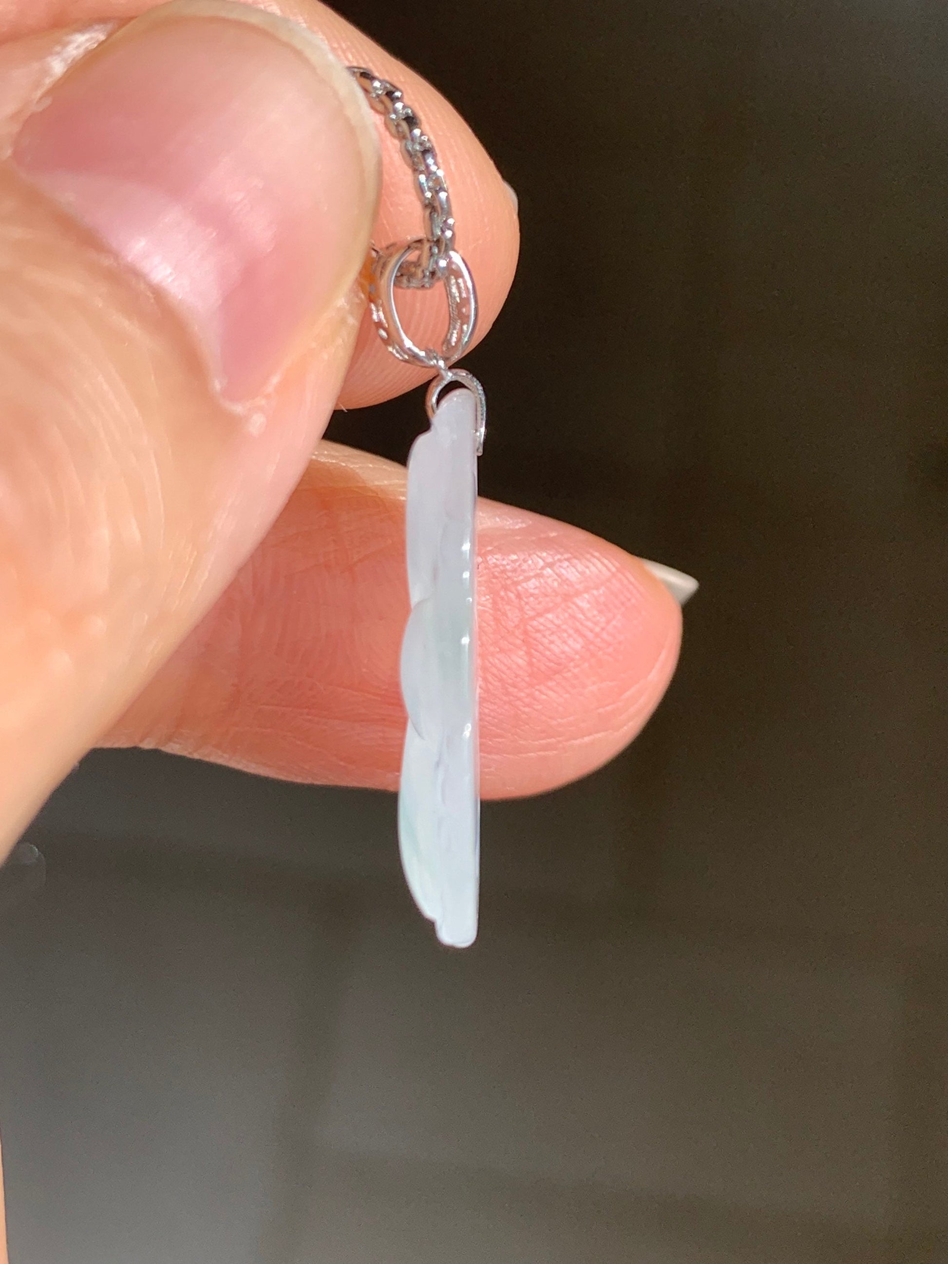 Natural Burmese Translucent Gelatinous Icy White Jadeite Carved Lotus Leaf Pendant 18K White Gold Bail 天然缅甸冰胶翡翠荷叶镶嵌吊坠