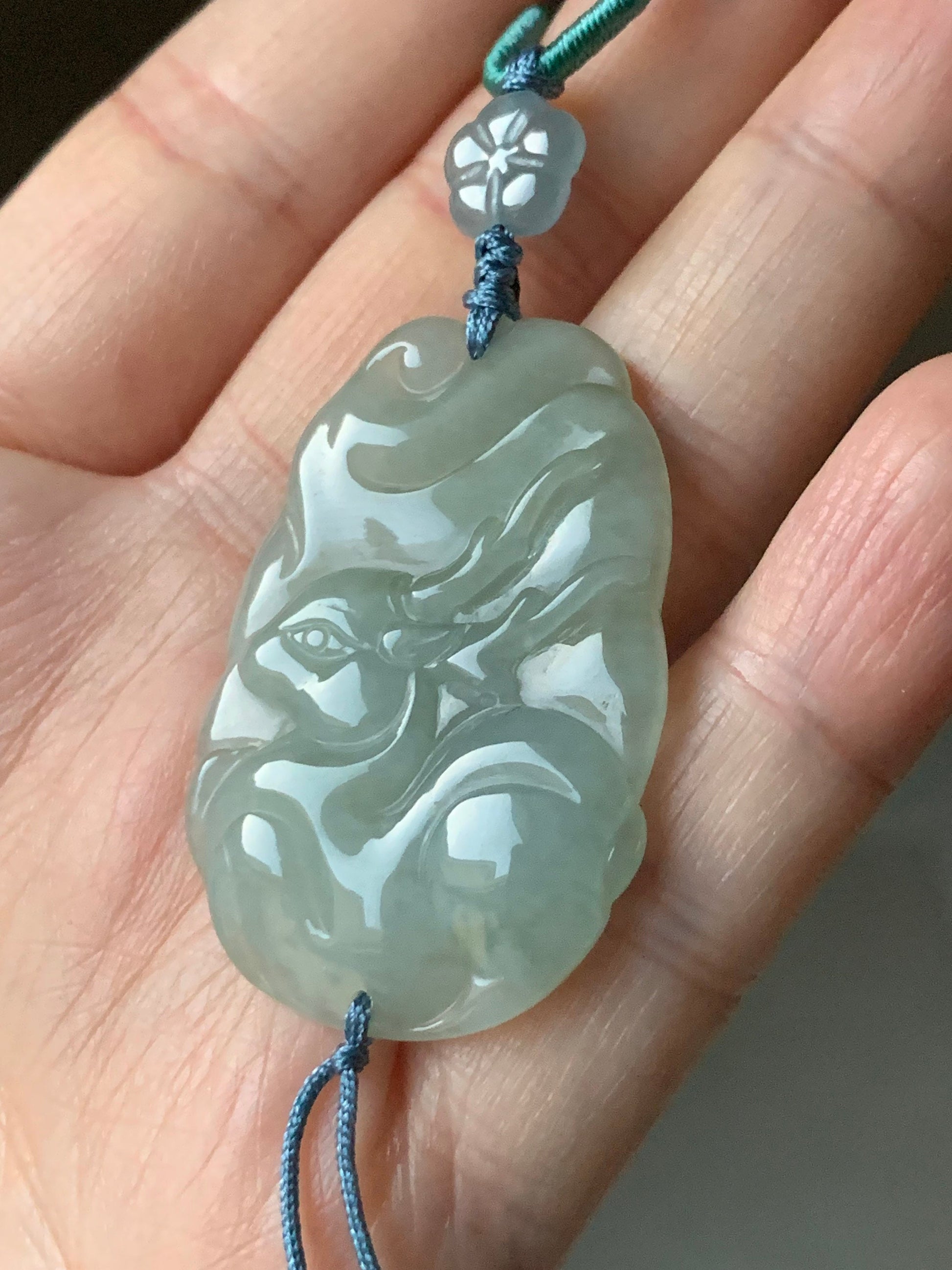 Natural Burmese Translucent Gelatinous Light Green Jadeite Carved Deer Pendant & Blue Jadeite Cherry Blossom Necklace 天然缅甸冰淡绿翡翠鹿牌危蓝梅花吊坠