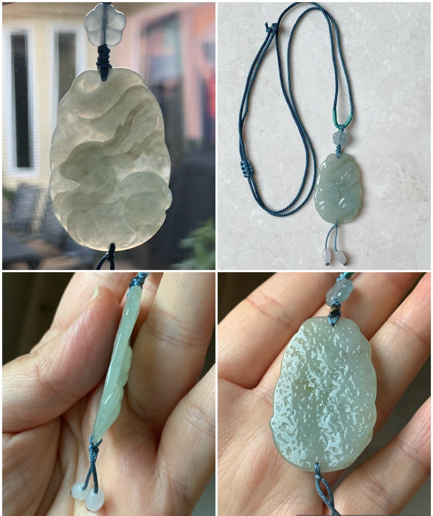 Natural Burmese Translucent Gelatinous Light Green Jadeite Carved Deer Pendant & Blue Jadeite Cherry Blossom Necklace 天然缅甸冰淡绿翡翠鹿牌危蓝梅花吊坠